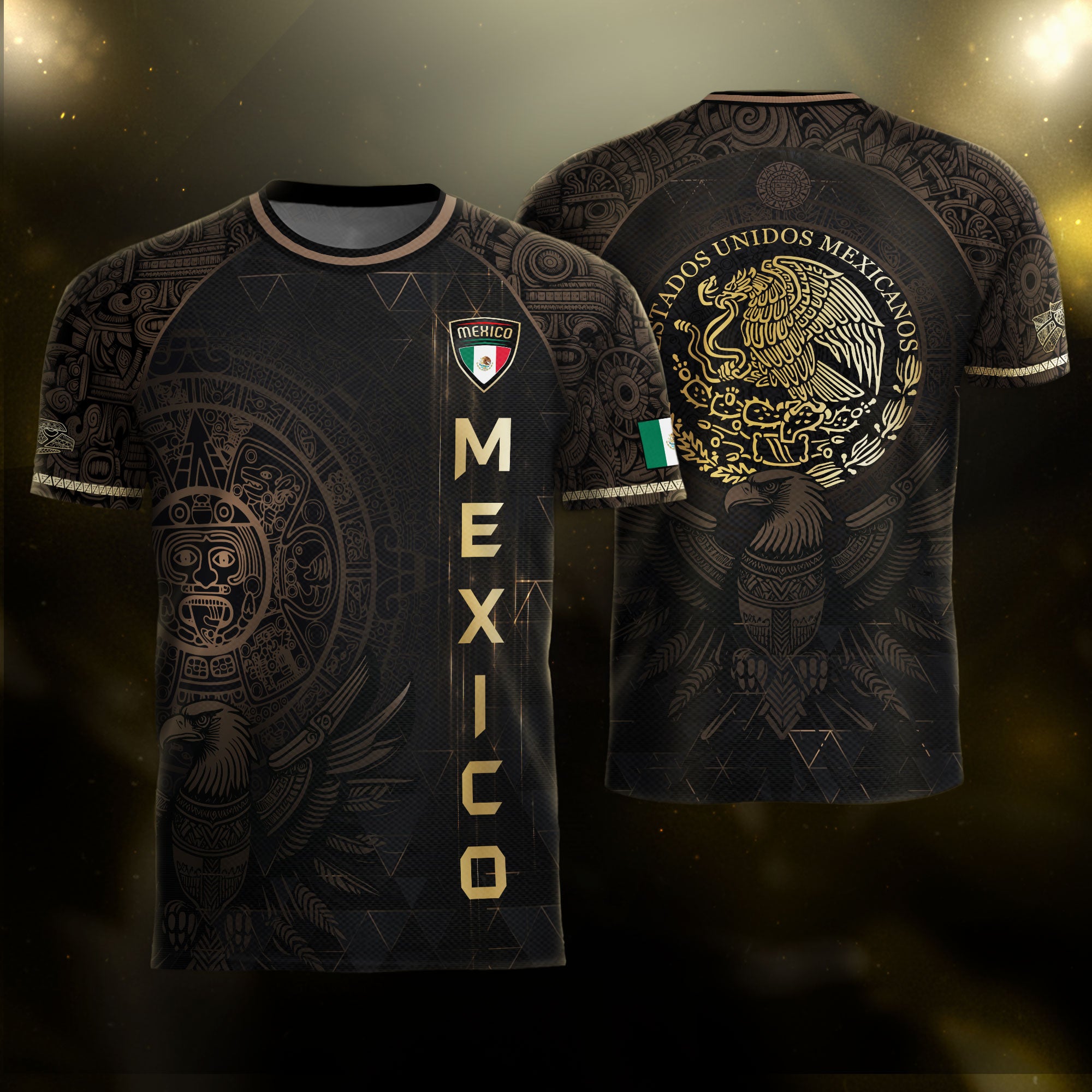 Mexico Soccer Jersey Black Gold Aztec Calendar & Eagle Emblem