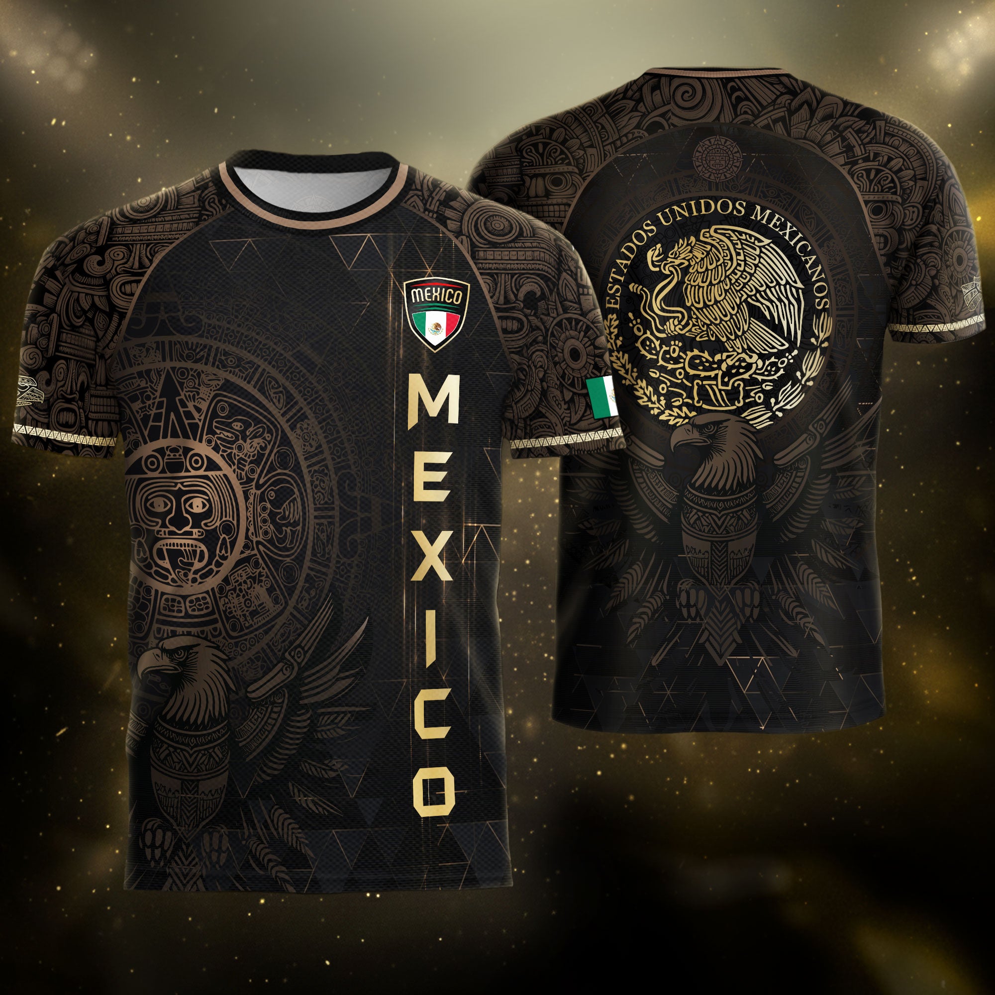 Camiseta de fútbol de México, color negro, dorado, calendario azteca y emblema del águila.