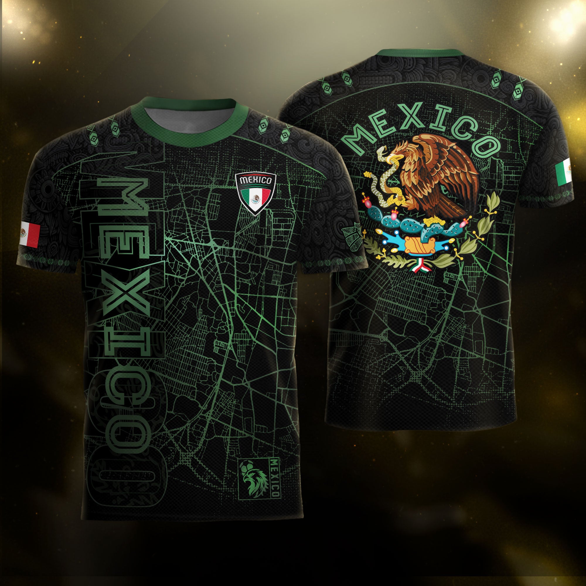 Mexico Soccer Jersey Black Green Map & Eagle Crest Design