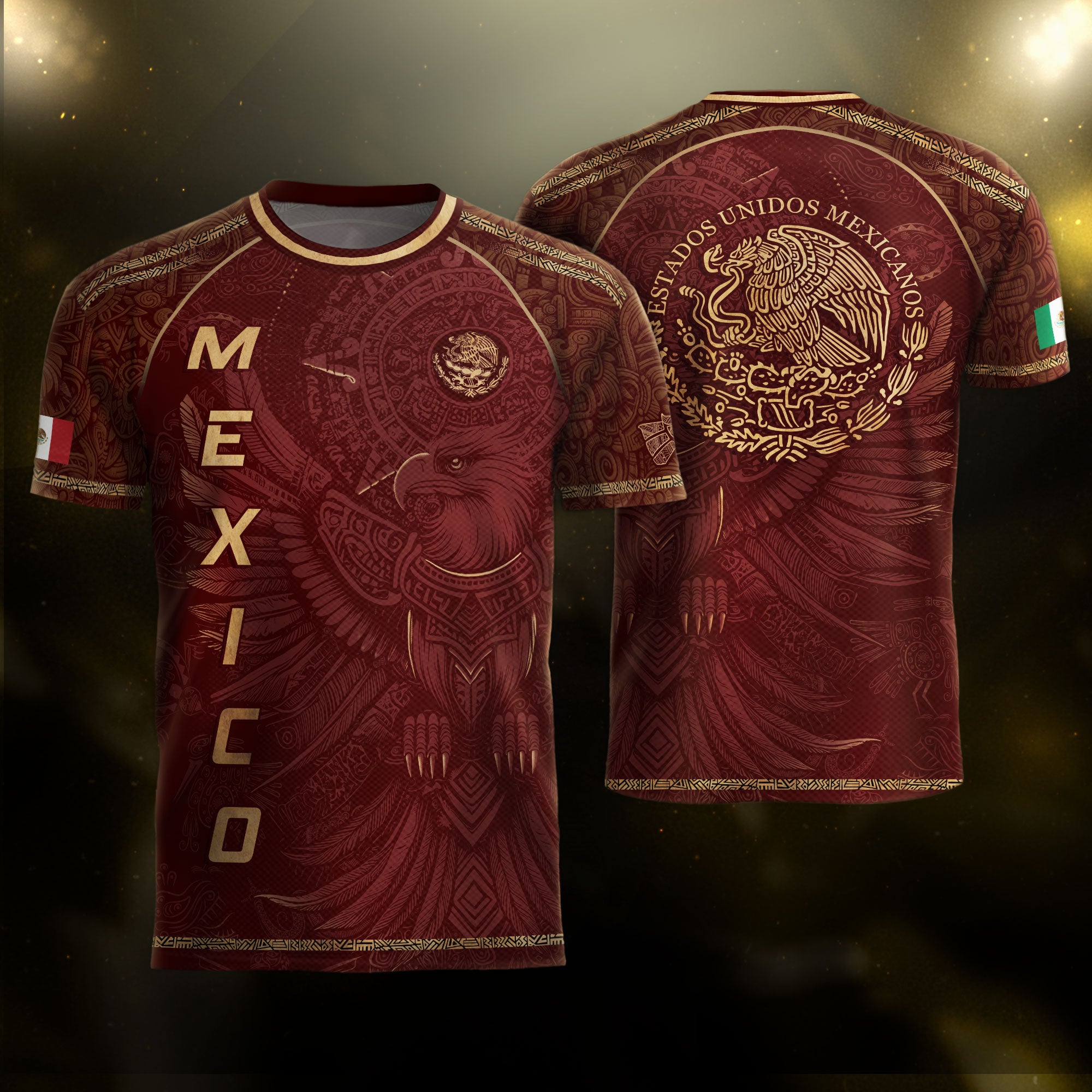 Mexico Soccer Jersey Red Gold Aztec Eagle & National Emblem