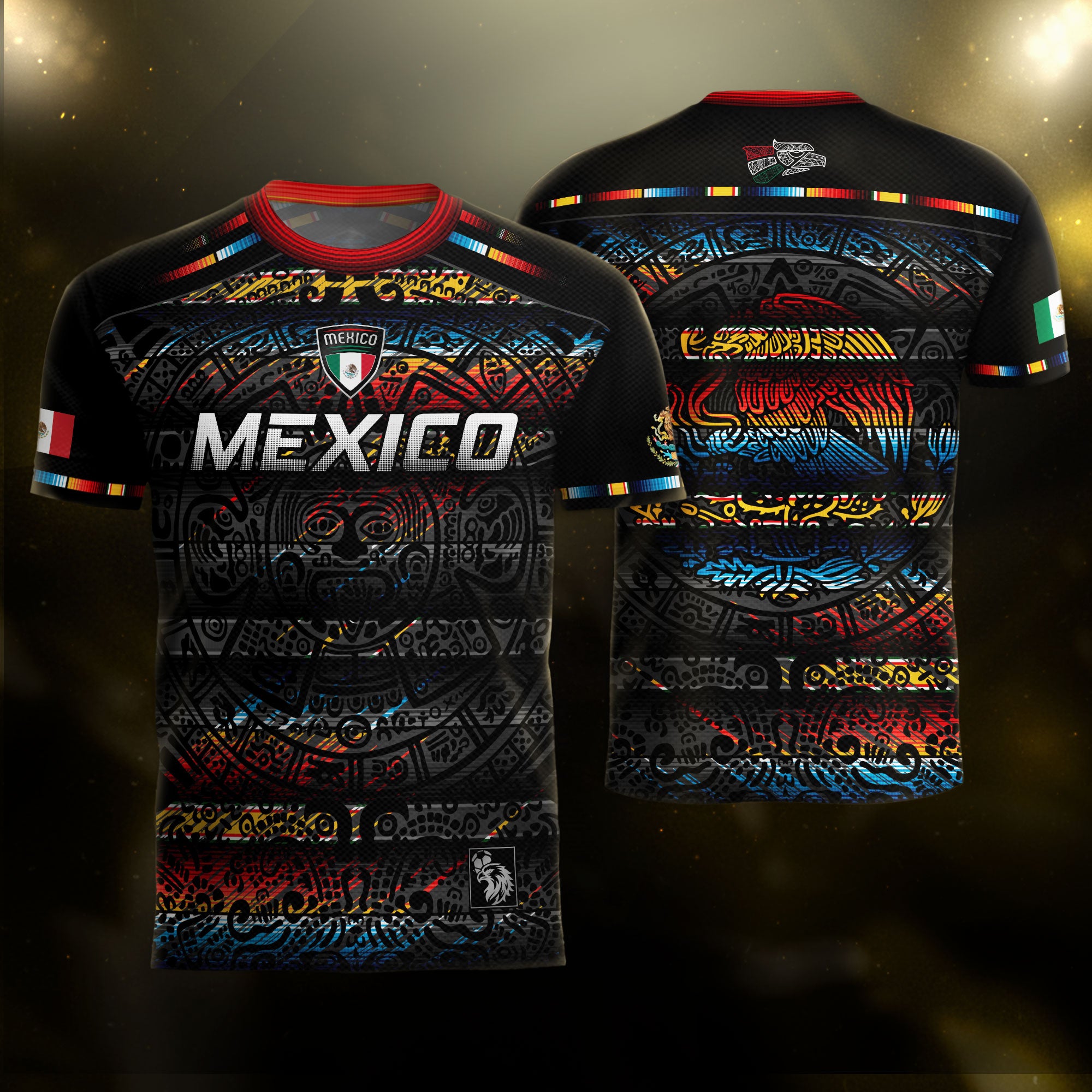 Mexico Soccer Jersey Black Aztec Calendar with Color Accents