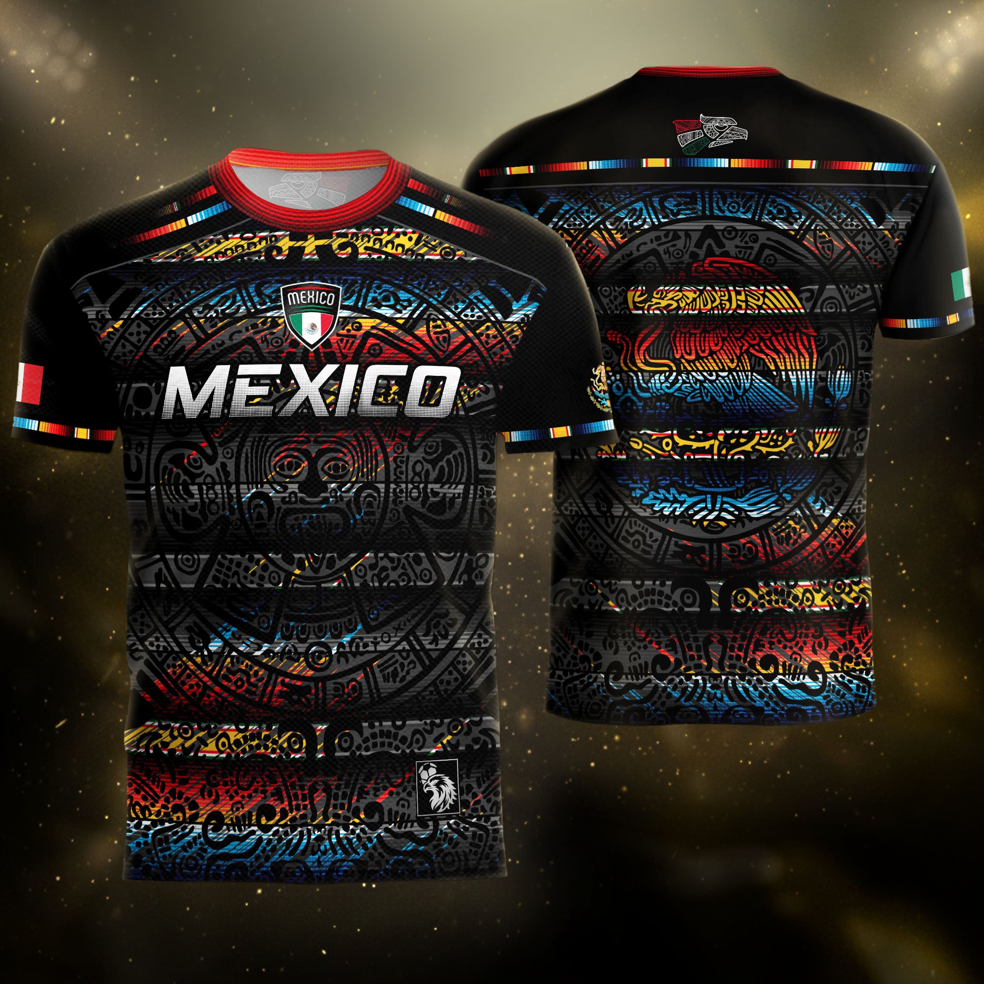 Mexico Soccer Jersey Black Aztec Calendar with Color Accents