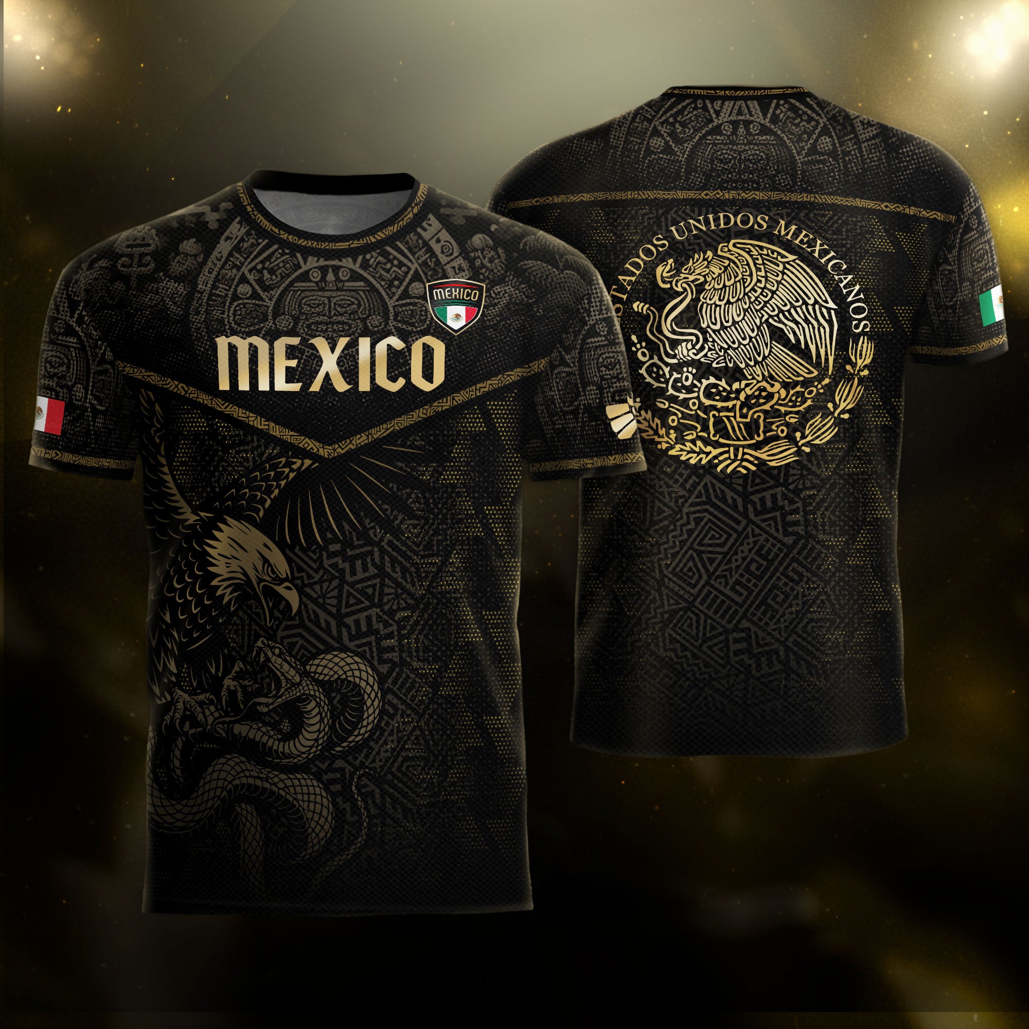 Mexico Soccer Jersey Black Gold Eagle & Snake Aztec Design