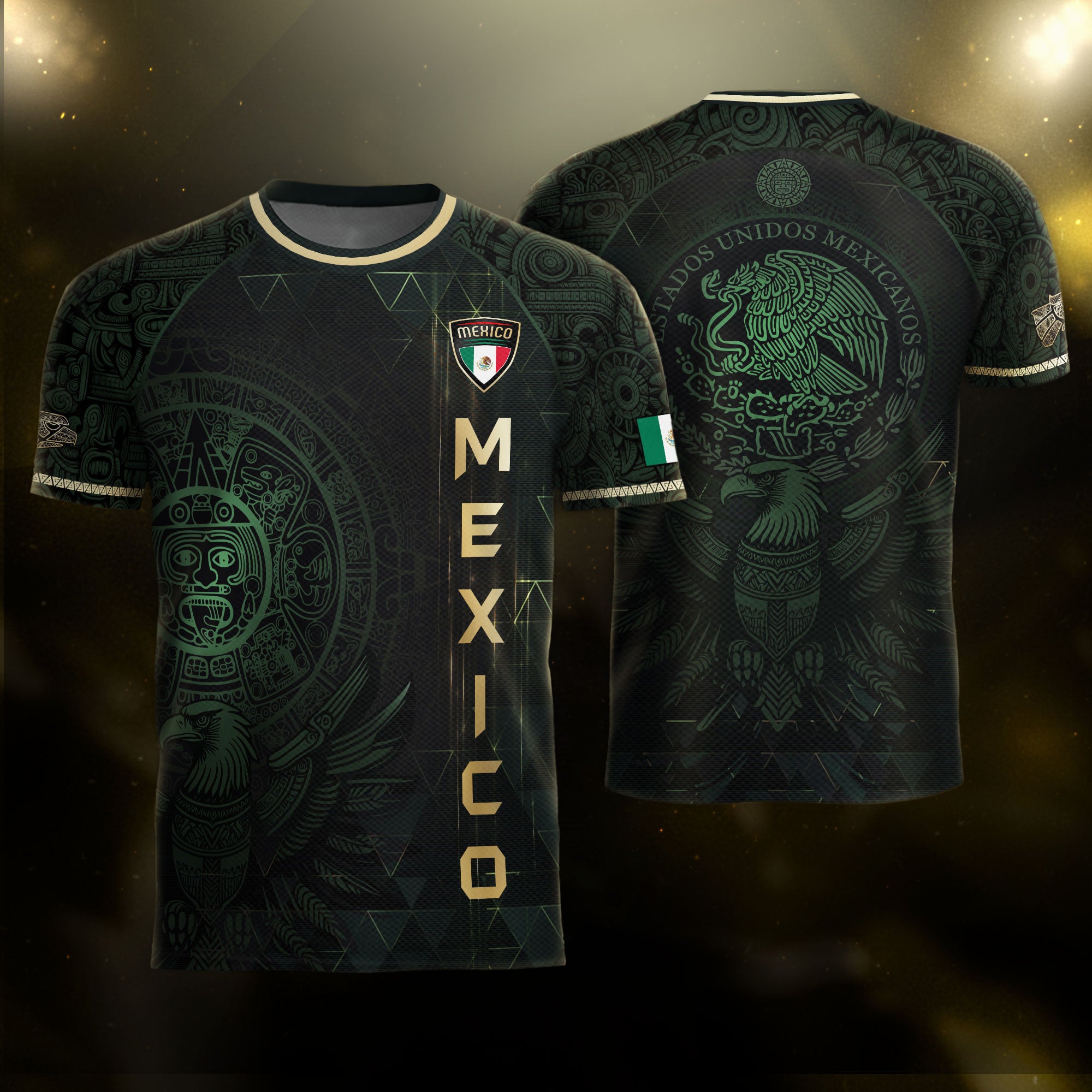 Mexico Soccer Jersey Dark Green Gold Aztec Calendar & Eagle Emblem