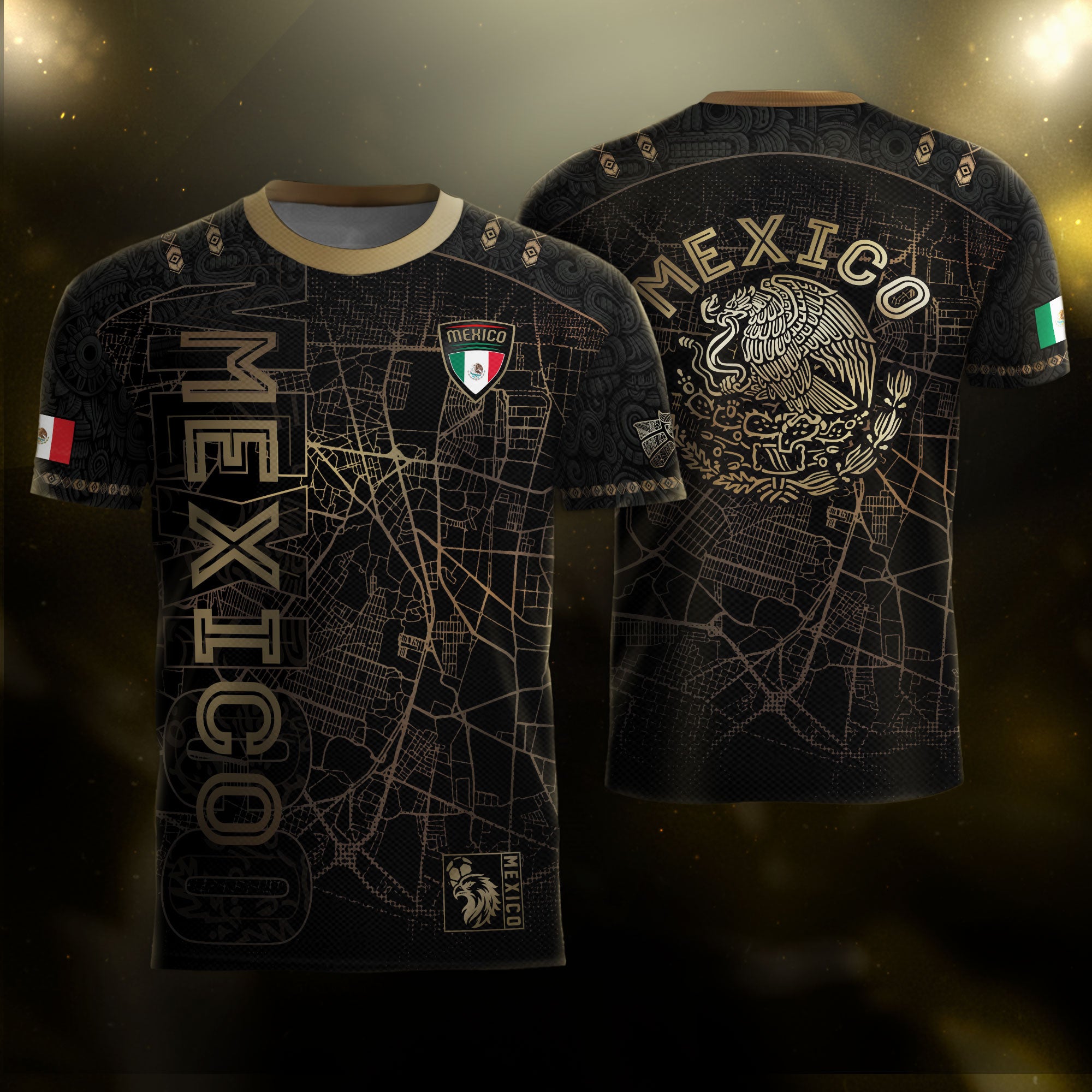 Mexico Soccer Jersey Black Gold City Map & Eagle Emblem