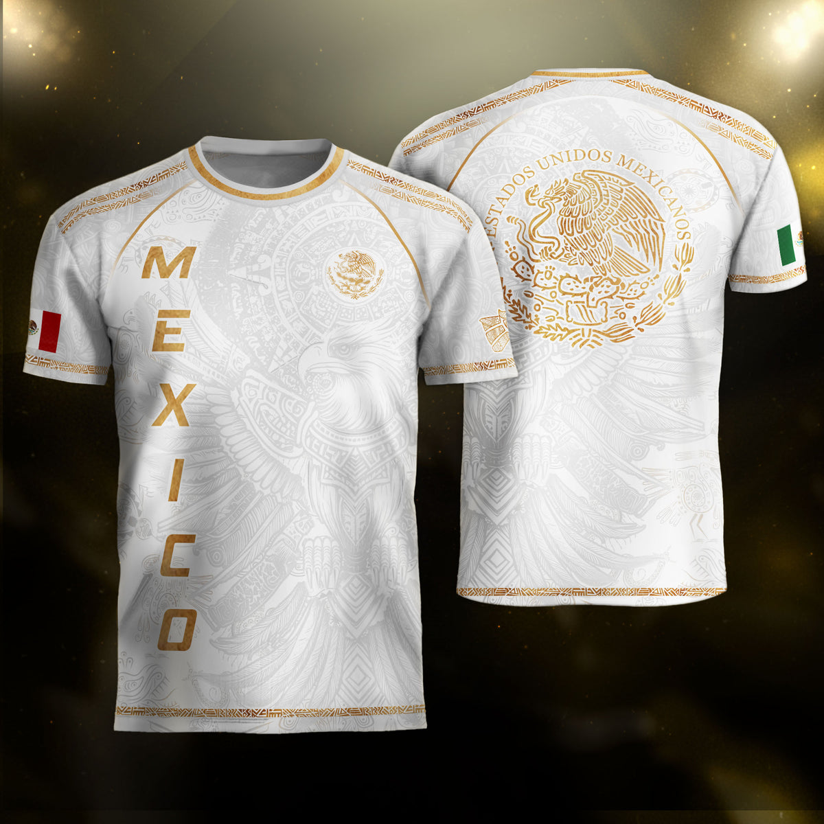Mexico Soccer Jersey White Gold Aztec Eagle Design