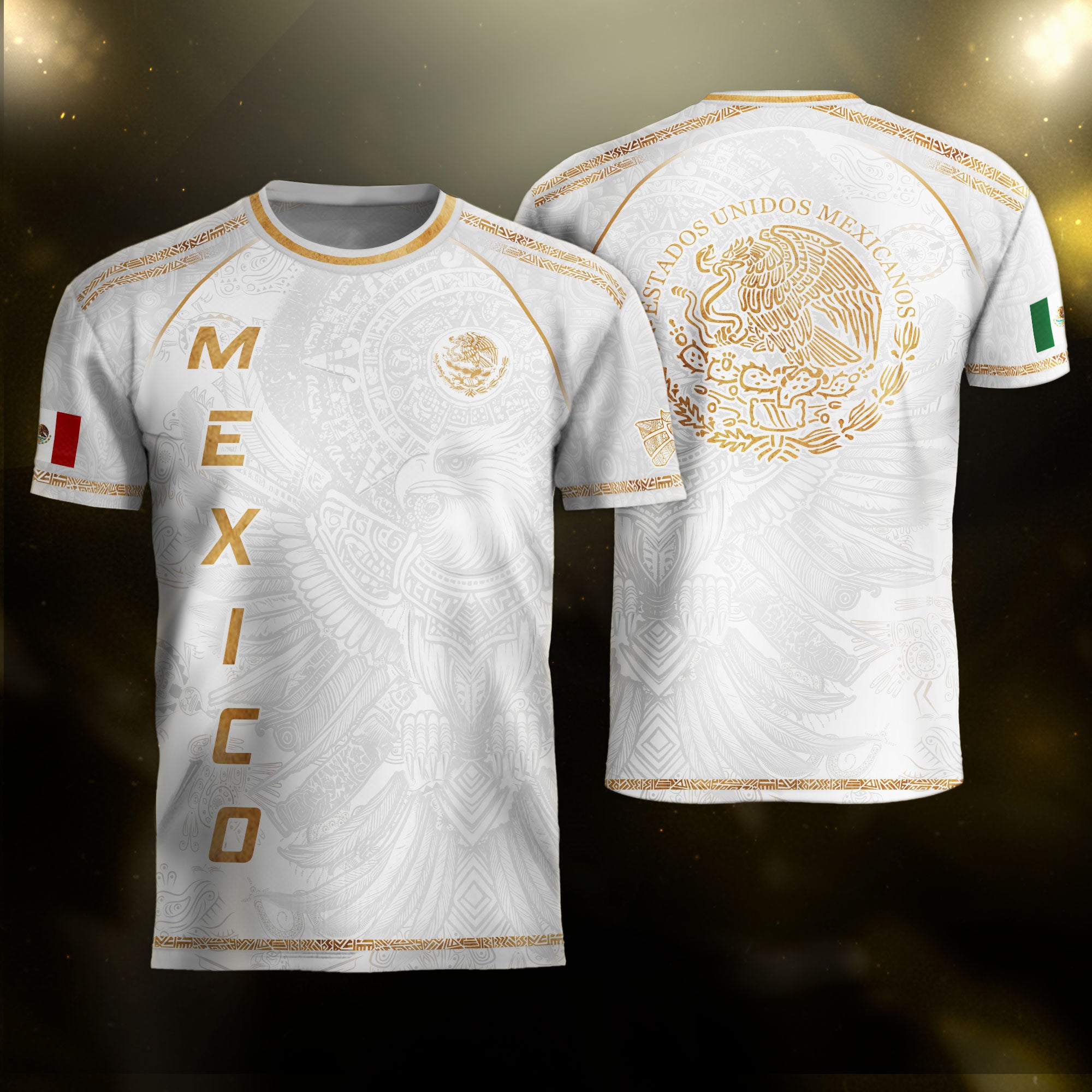 Mexico Soccer Jersey White Gold Aztec Eagle Design