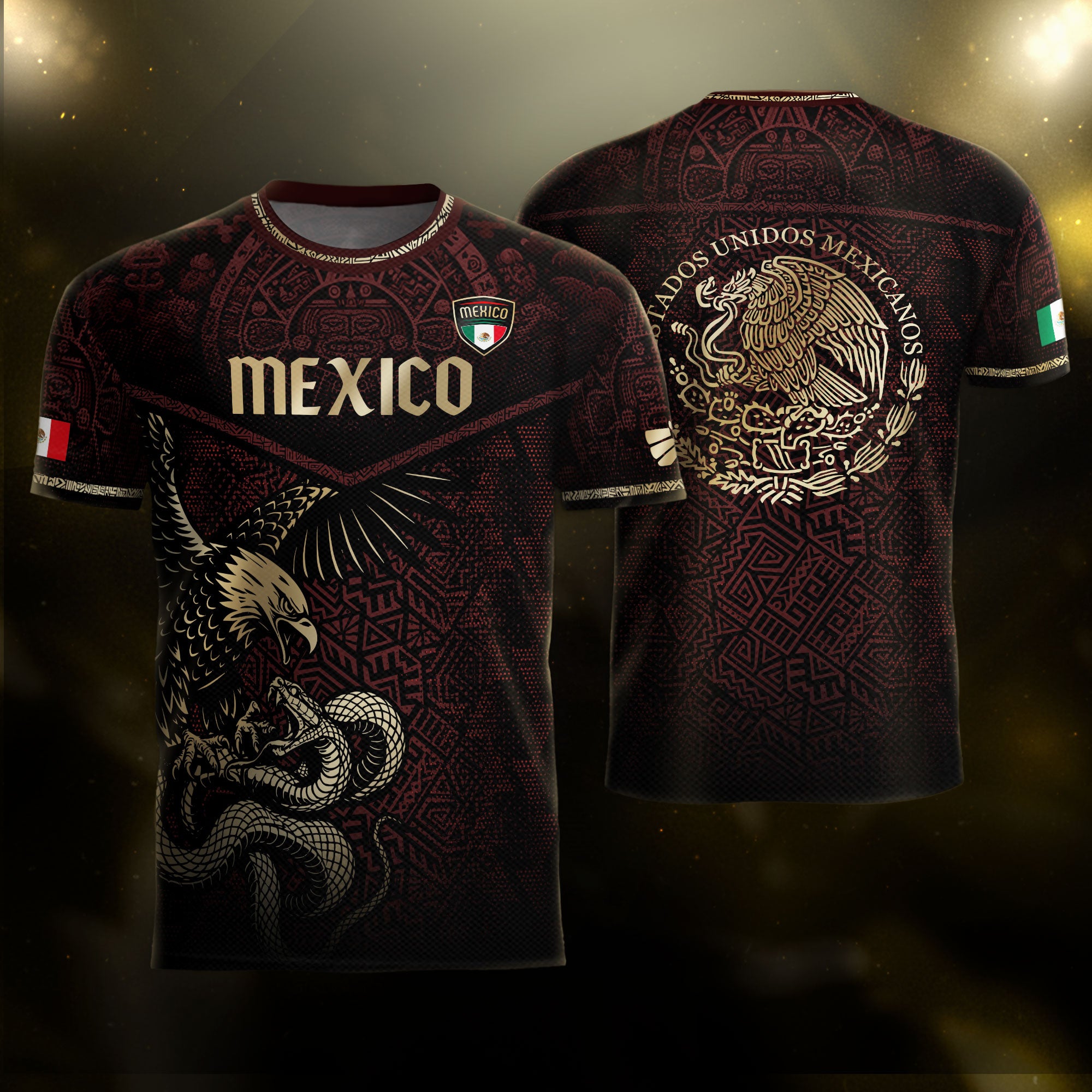 Mexico Soccer Jersey Maroon Gold Aztec Eagle & Serpent Design