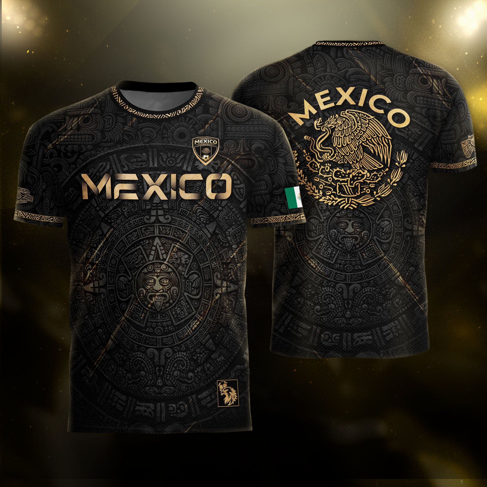 Mexico Black Gold Aztec Calendar Eagle Heritage National Football Soccer Jersey