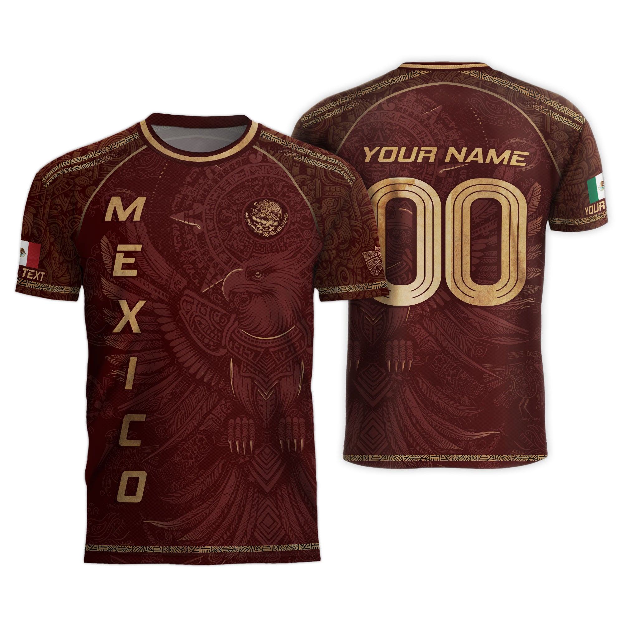 Custom Mexico Soccer Jersey Burgundy Gold Aztec Heritage Design