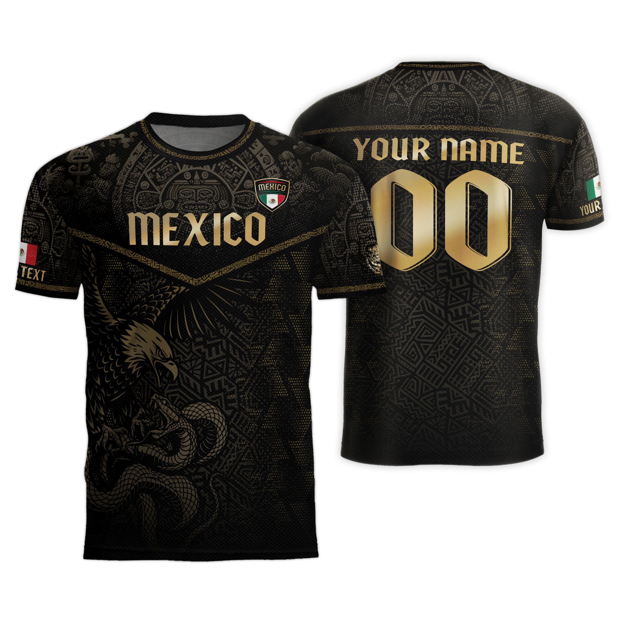 Custom Mexico Soccer Jersey Black Gold Aztec Eagle Serpent Design