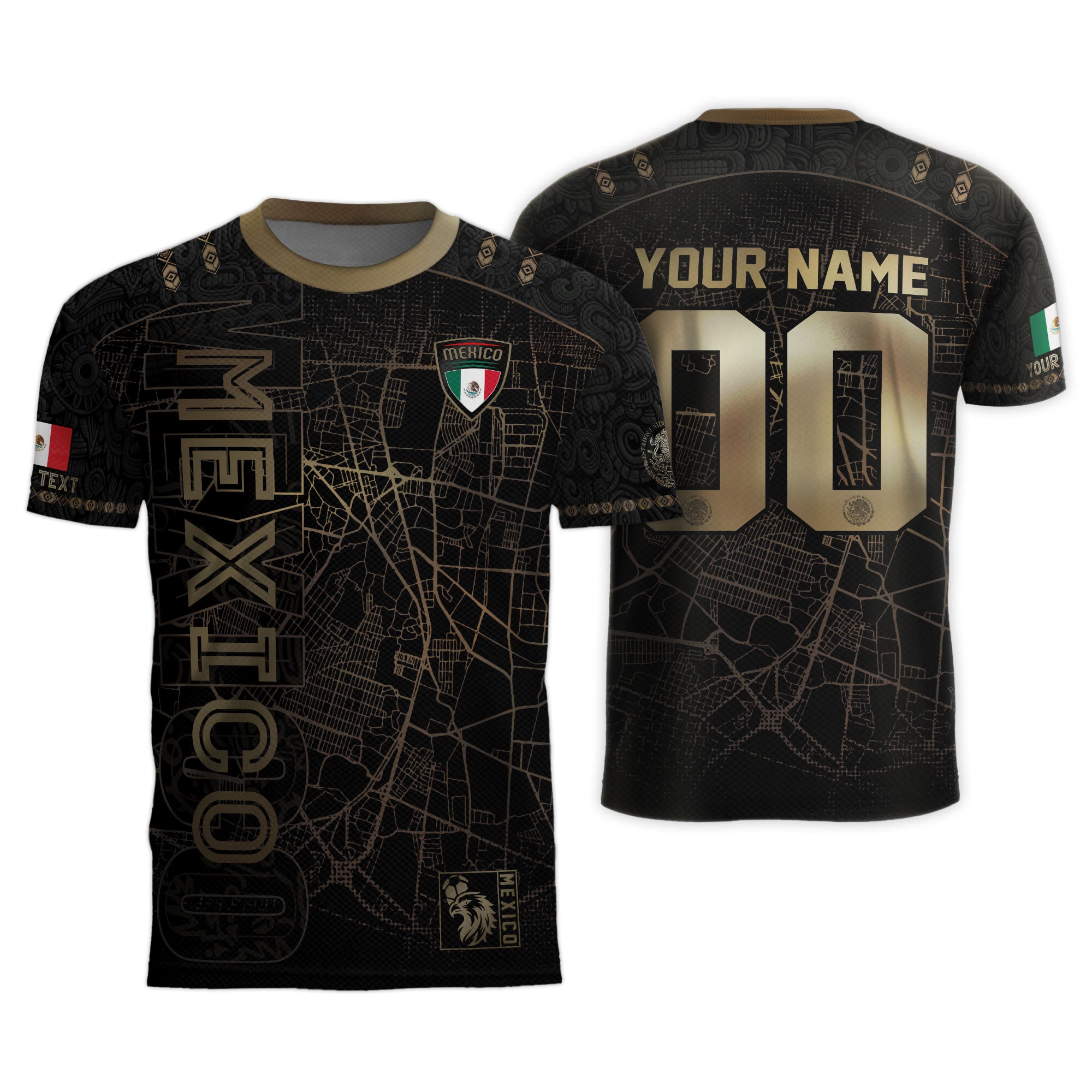 Custom Mexico Soccer Jersey Black Gold Heritage Map Aztec Design