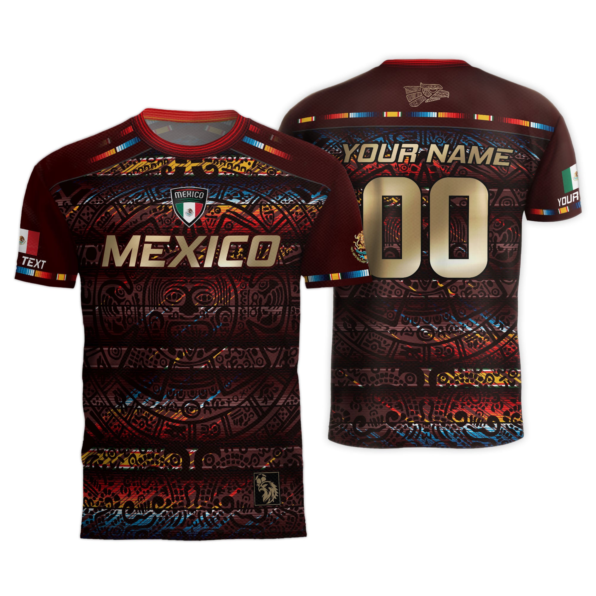 Custom Mexico Soccer Jersey Burgundy Gold Heritage Aztec Calendar Design