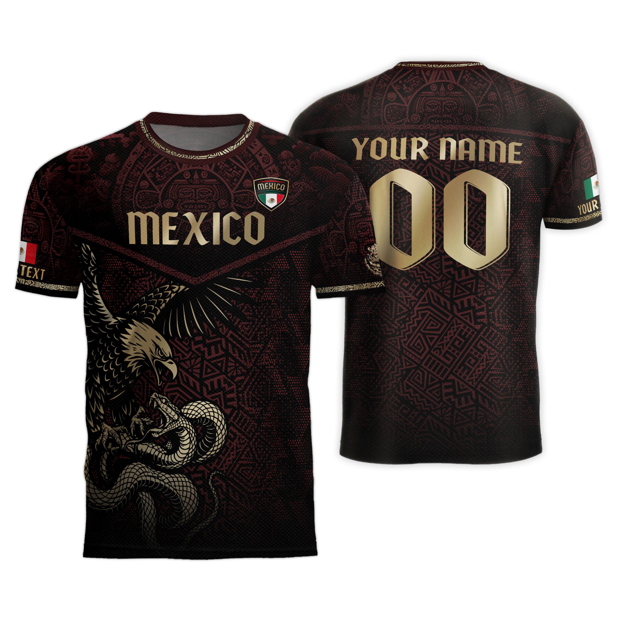 Custom Mexico Soccer Jersey Burgundy Gold Aztec Eagle Serpent Design
