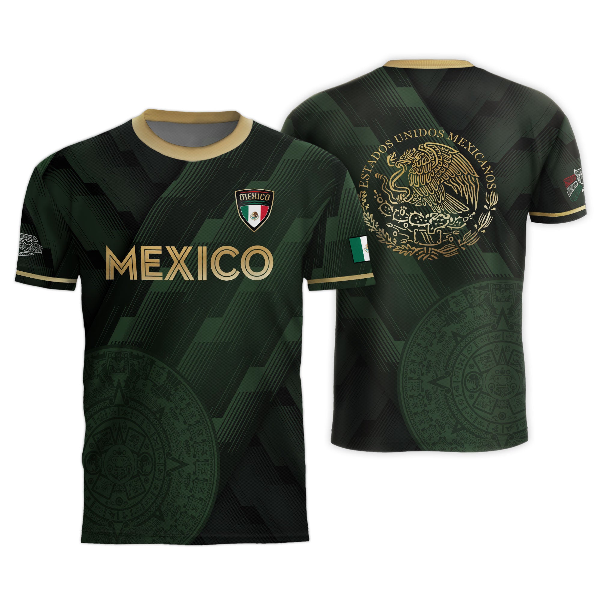 Mexico Green Soccer Jersey with Golden Aztec Sunstone Design