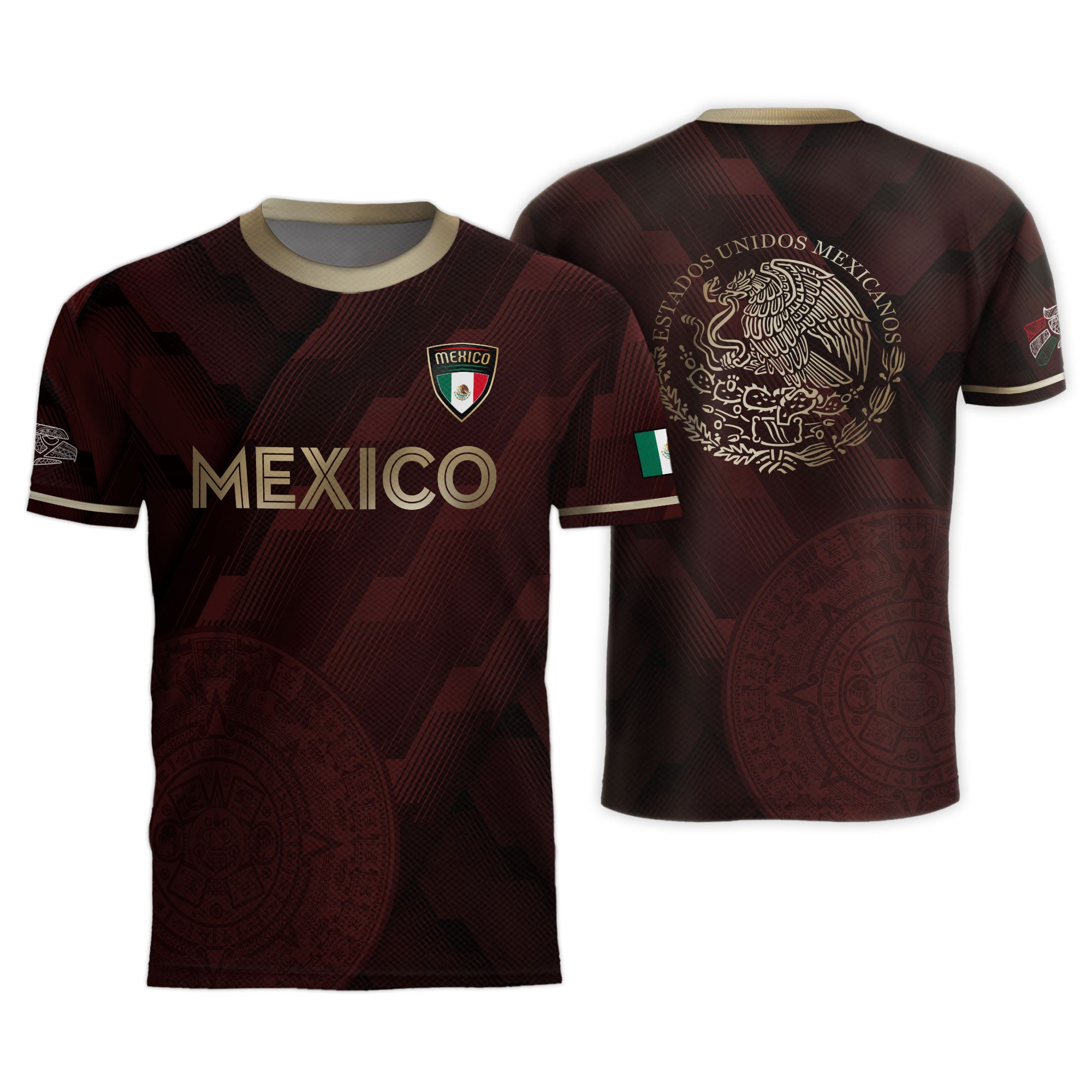Mexico Burgundy Soccer Jersey with Golden Aztec Sunstone and Eagle Crest