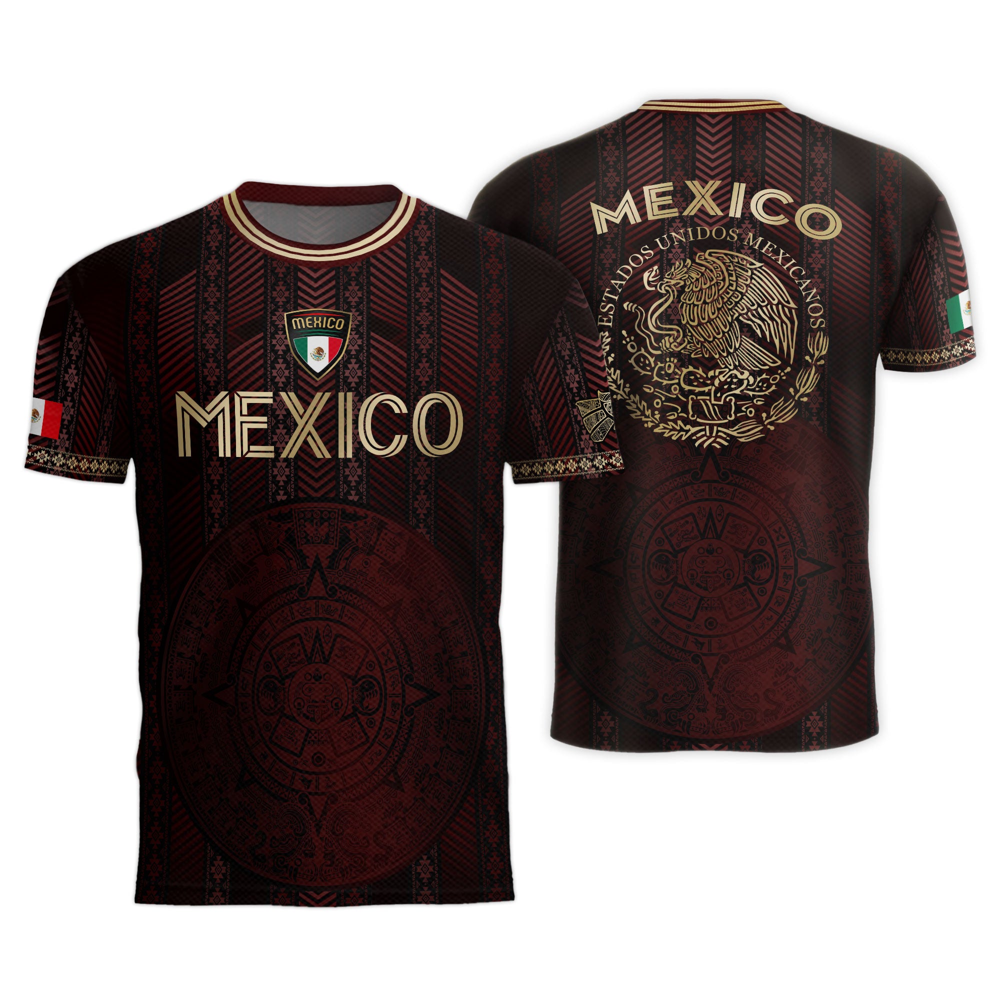 Mexico Burgundy Soccer Jersey with Golden Aztec Calendar and Eagle Crest