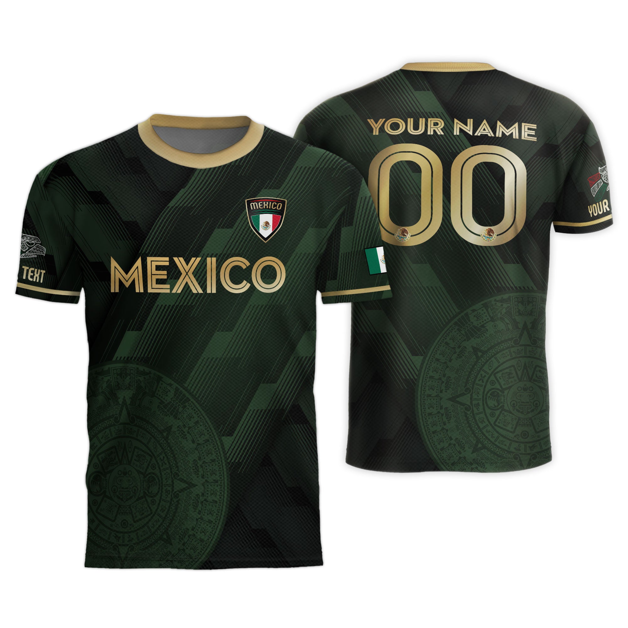 Custom Mexico Green Soccer Jersey with Golden Aztec Calendar Design