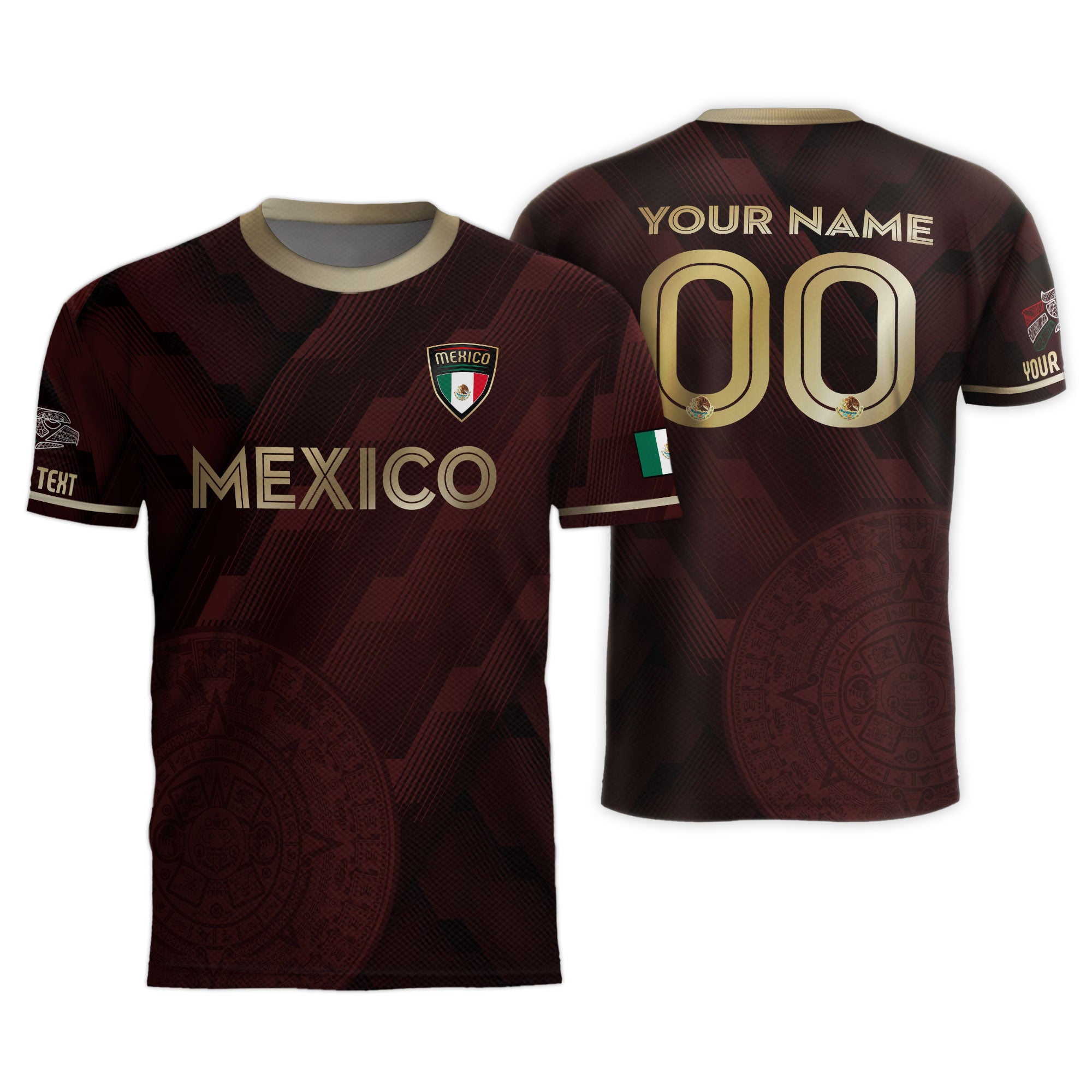 Custom Mexico Maroon Soccer Jersey with Golden Aztec Calendar Pattern