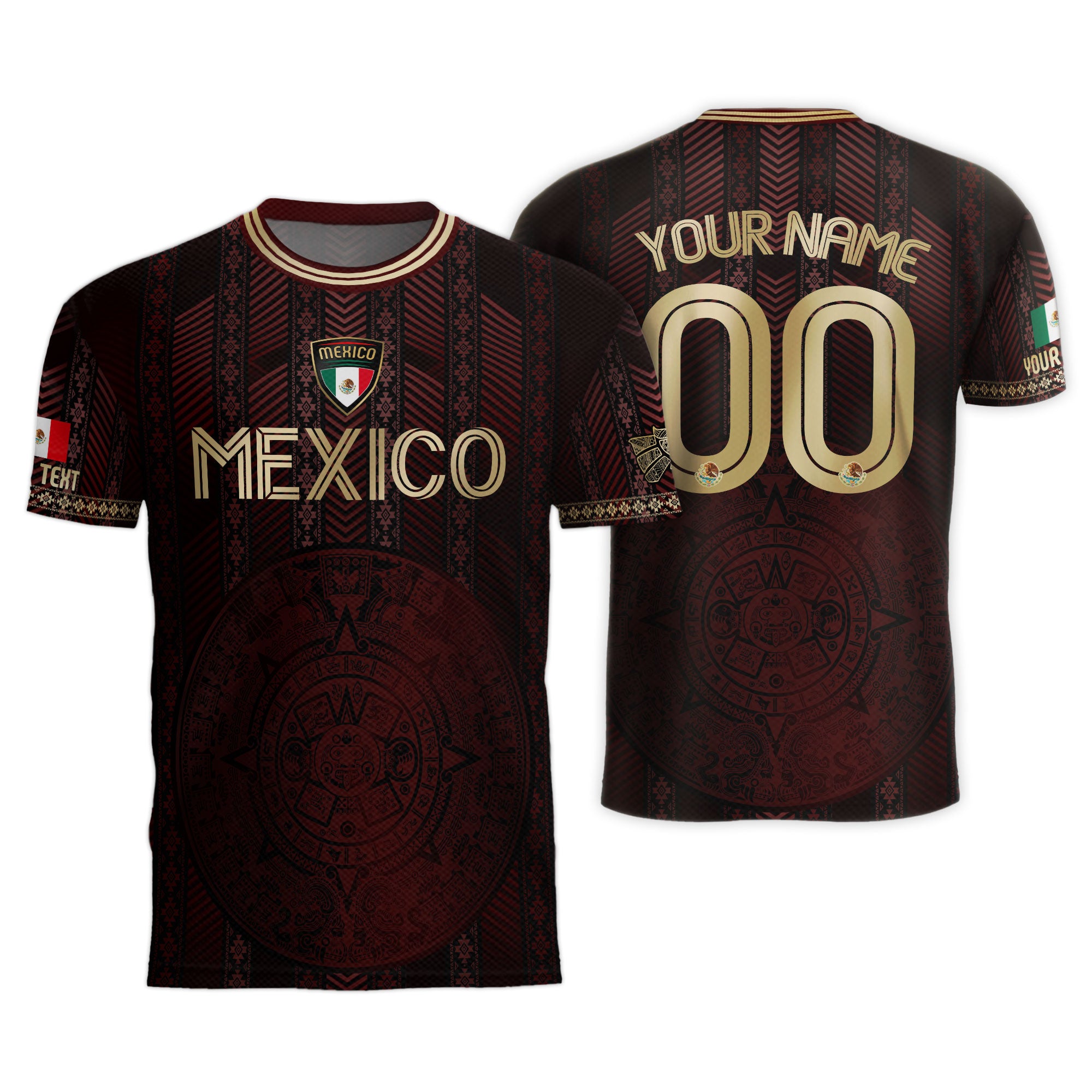 Custom Mexico Burgundy Soccer Jersey with Golden Aztec Calendar Design