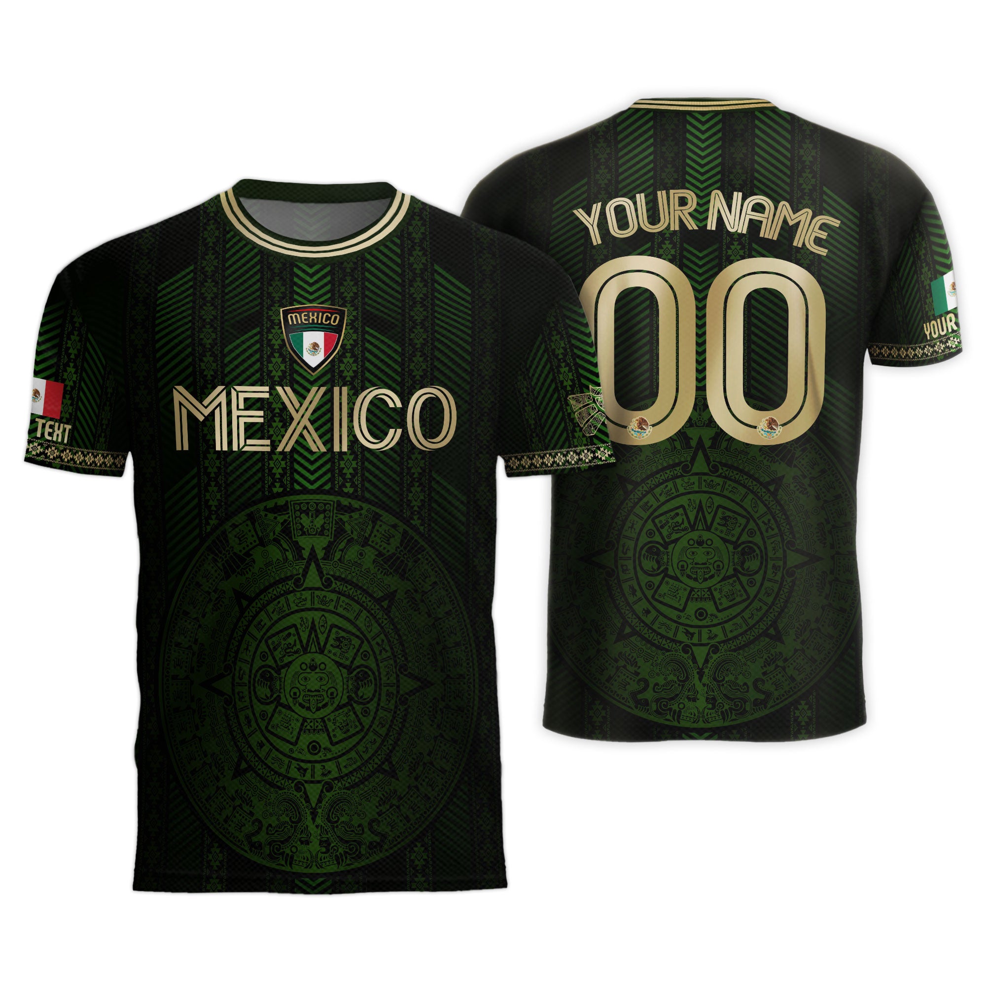 Custom Mexico Green Soccer Jersey with Golden Aztec Calendar Pattern