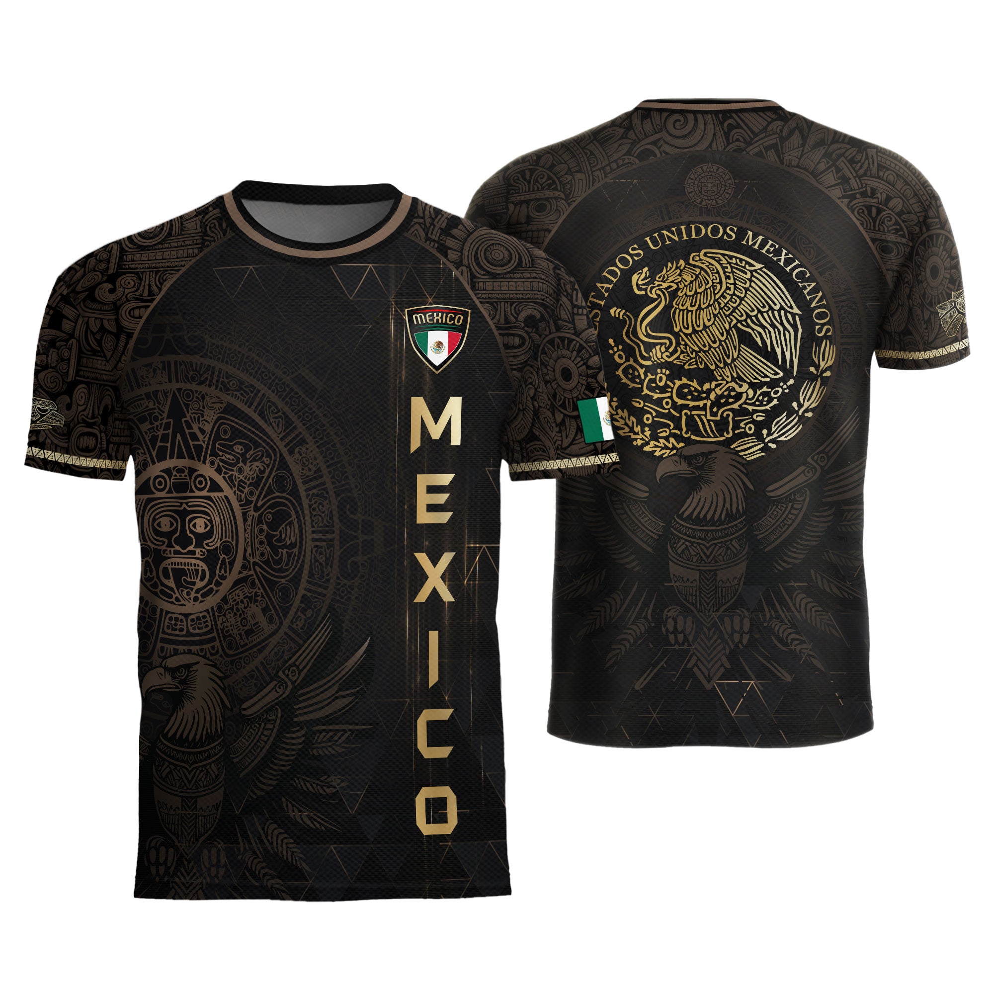 Camiseta de fútbol de México, color negro, dorado, calendario azteca y emblema del águila.