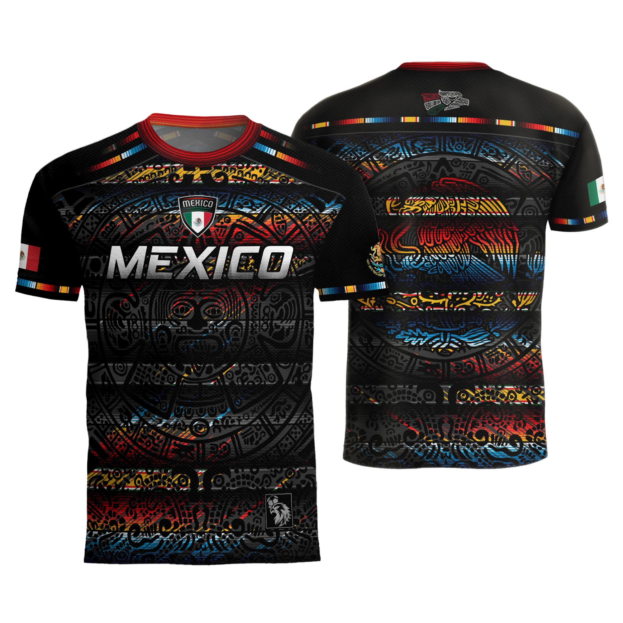 Mexico Soccer Jersey Black Aztec Calendar with Color Accents