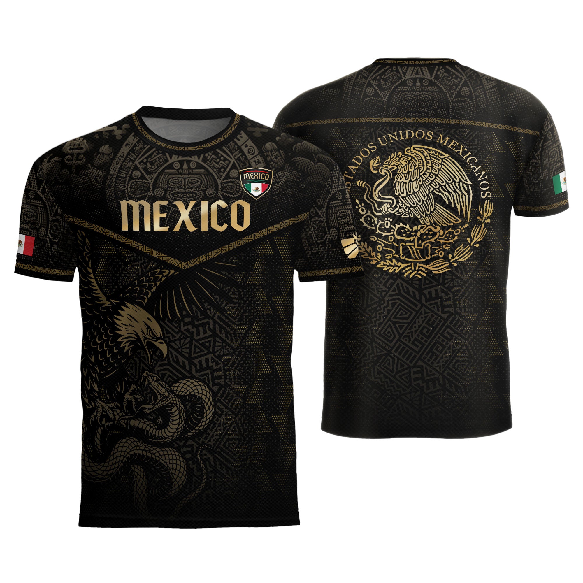 Mexico Soccer Jersey Black Gold Eagle & Snake Aztec Design
