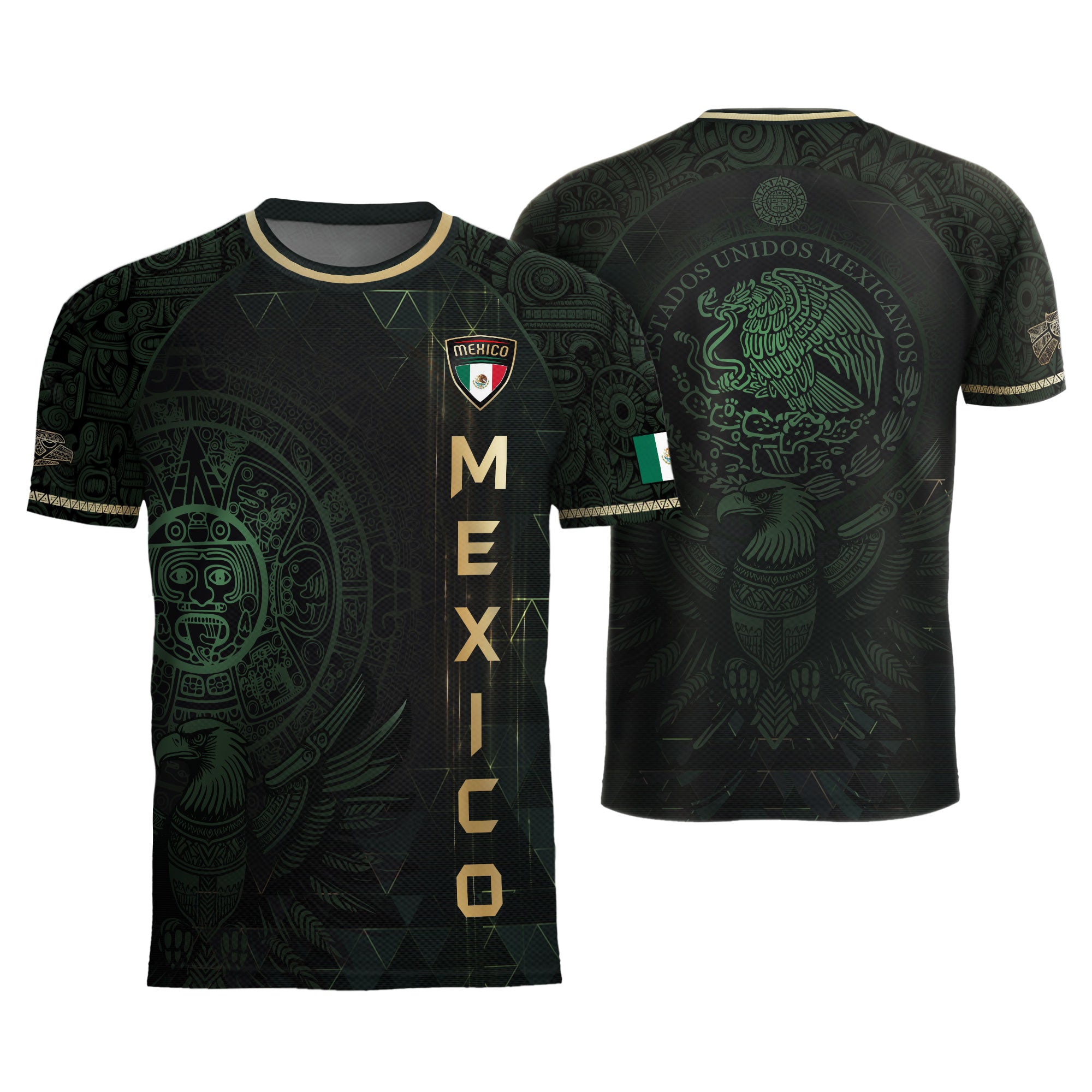 Mexico Soccer Jersey Dark Green Gold Aztec Calendar & Eagle Emblem