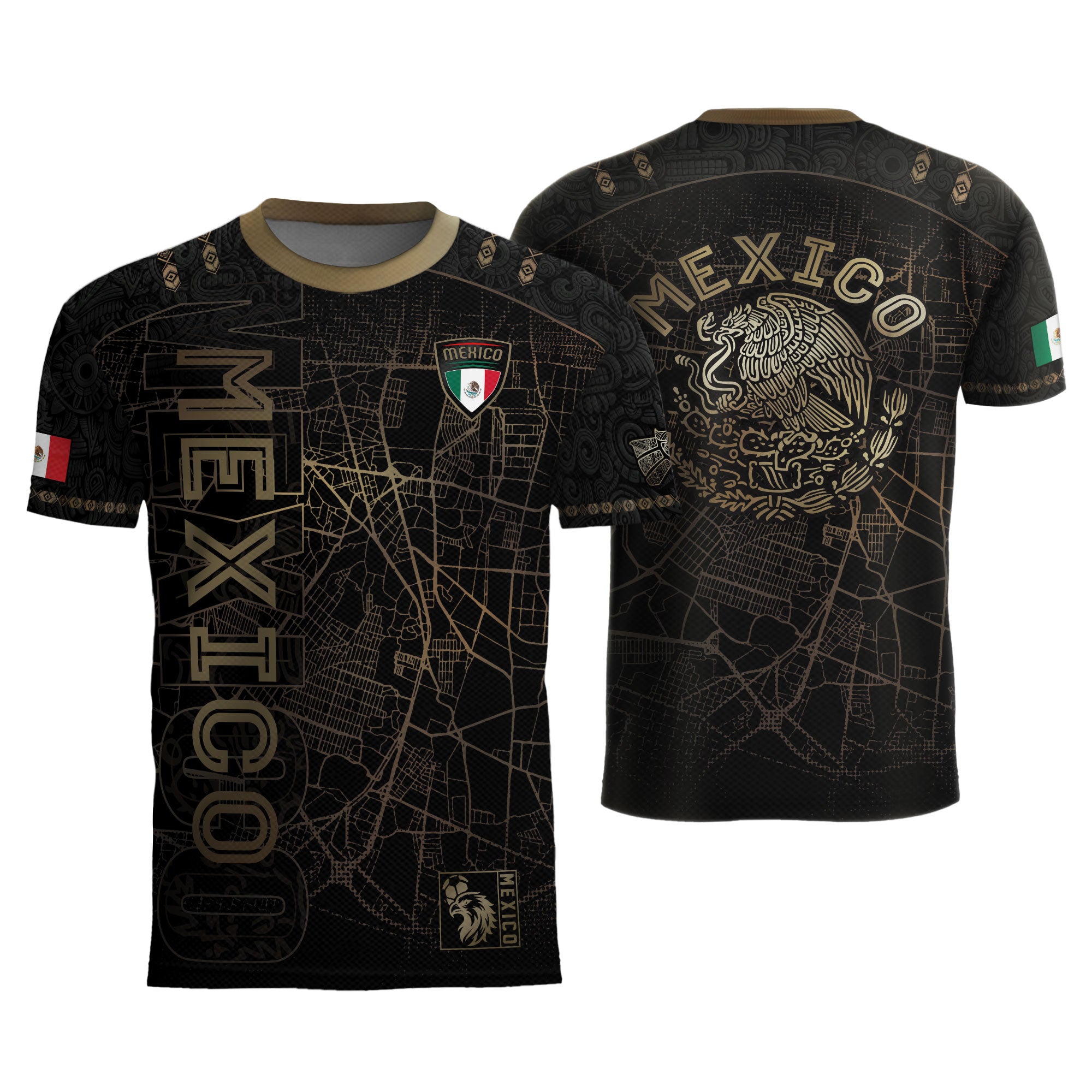 Mexico Soccer Jersey Black Gold City Map & Eagle Emblem