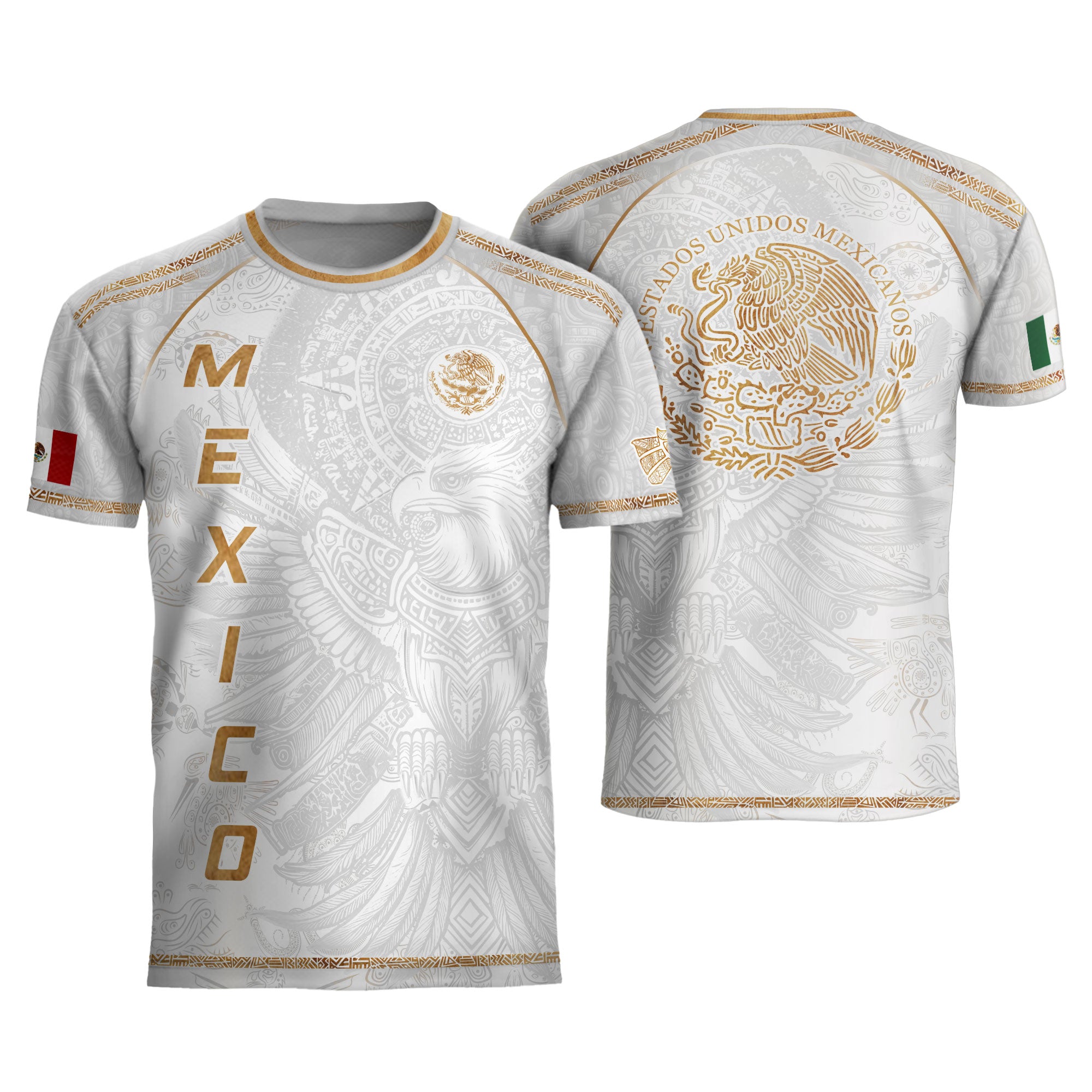 Mexico Soccer Jersey White Gold Aztec Eagle Design