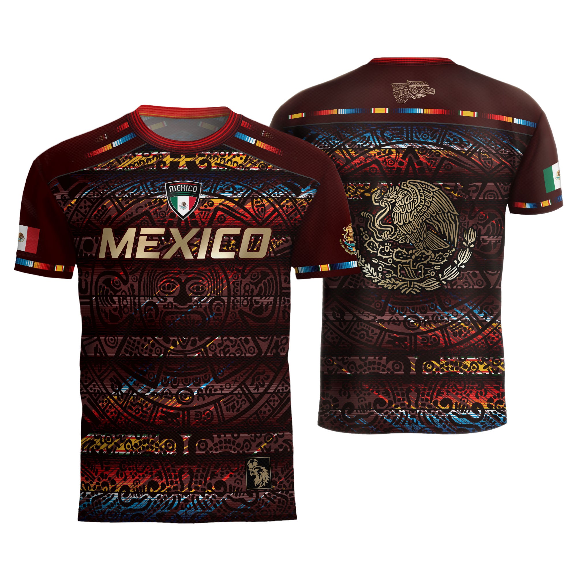 Mexico Soccer Jersey Red Multitone Aztec Calendar & Eagle Crest