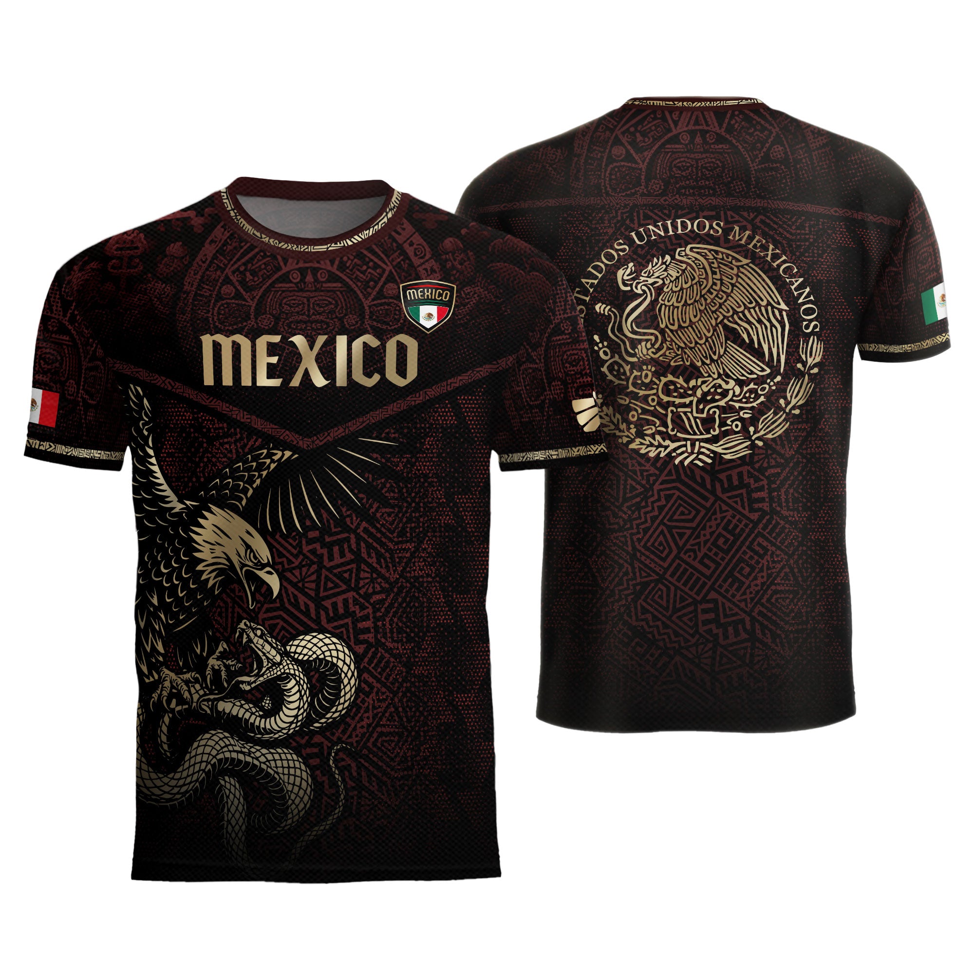 Mexico Soccer Jersey Maroon Gold Aztec Eagle & Serpent Design