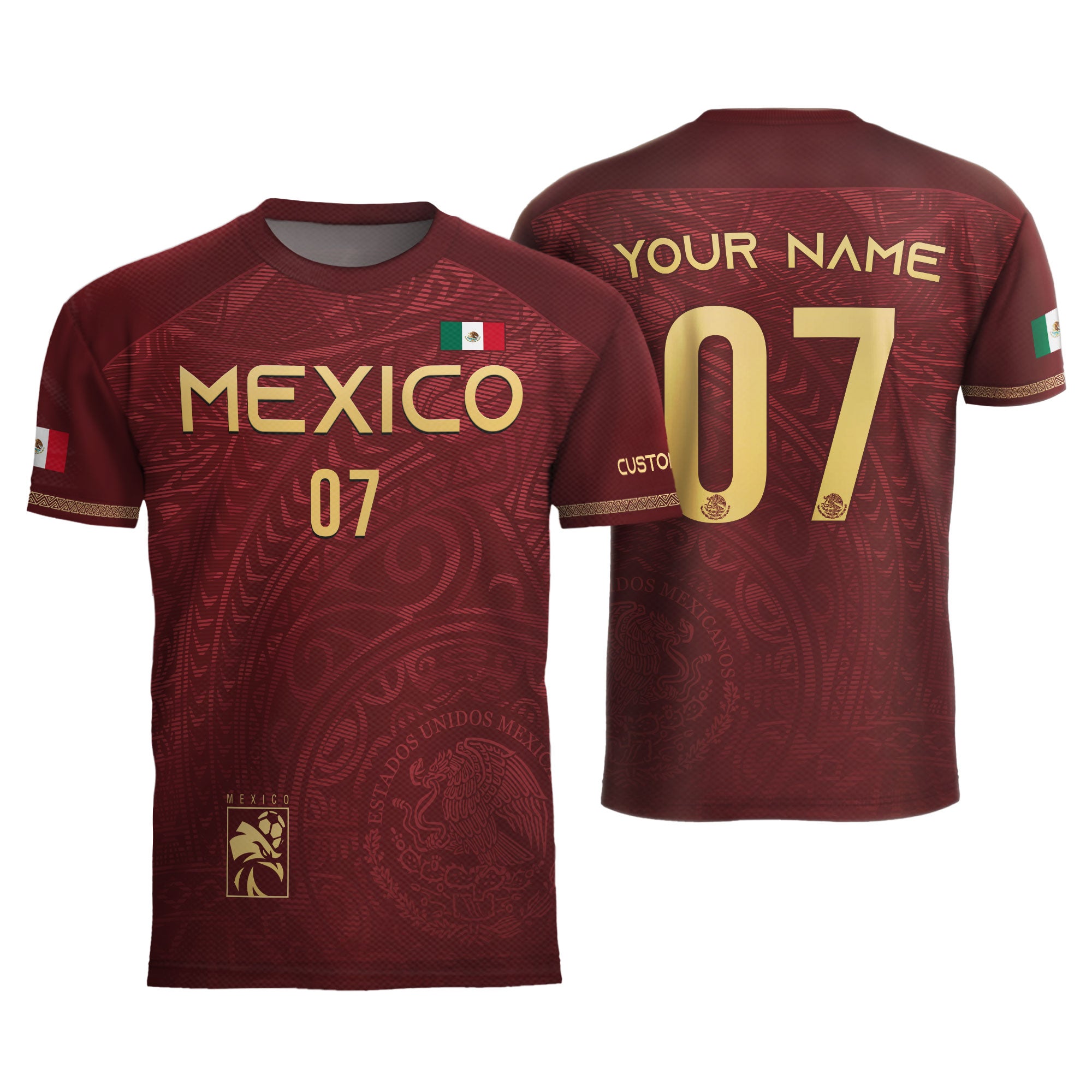 Custom Mexico Soccer Jersey Burgundy Gold Eagle Pattern Design