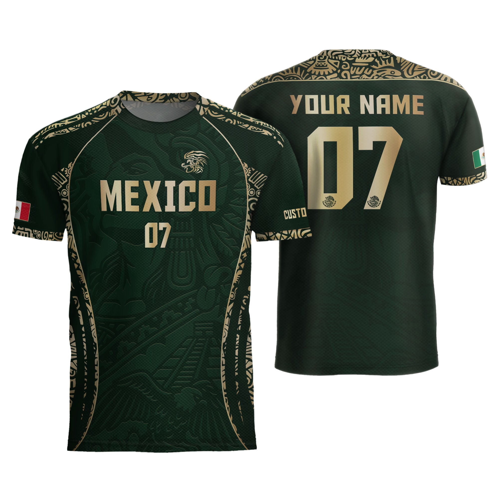Custom Mexico Soccer Jersey Dark Green Gold Aztec Eagle Design