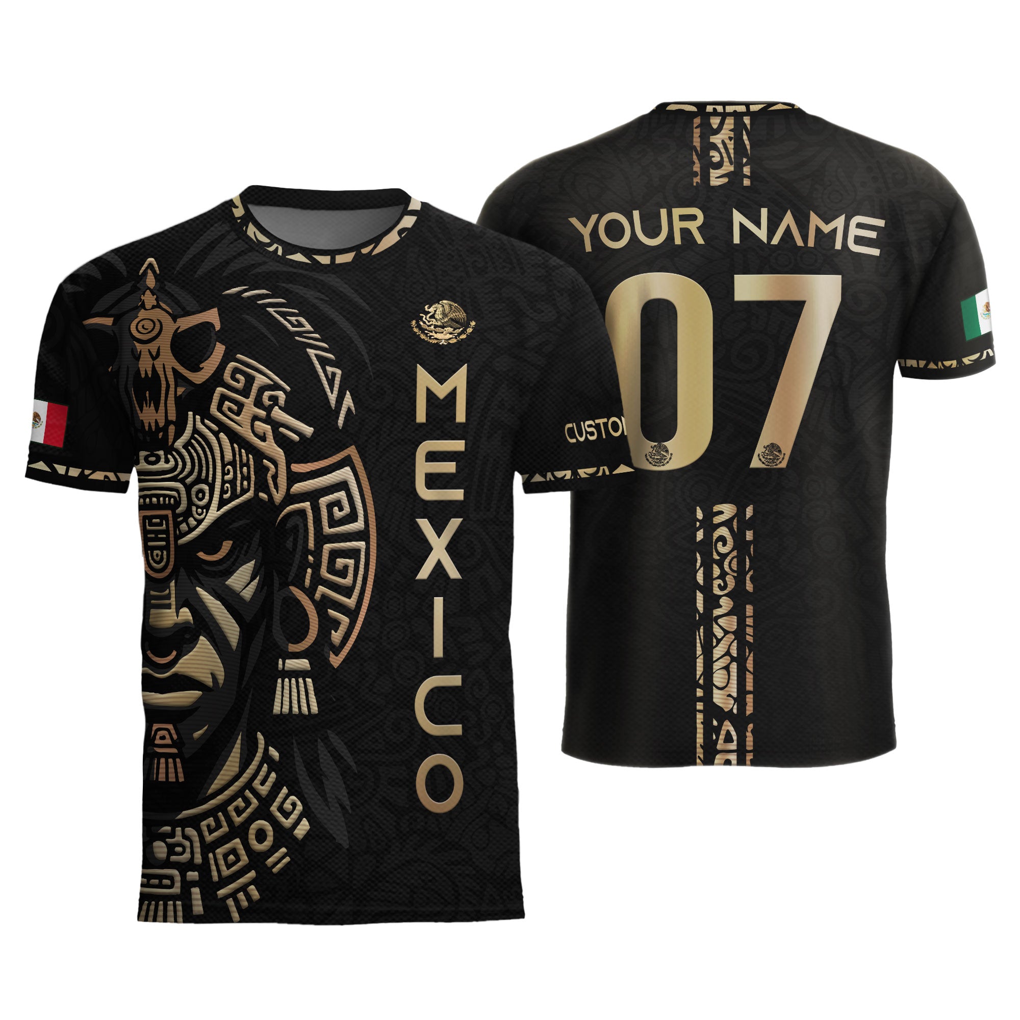 Custom Mexico Soccer Jersey Black Gold Aztec Warrior Face Design