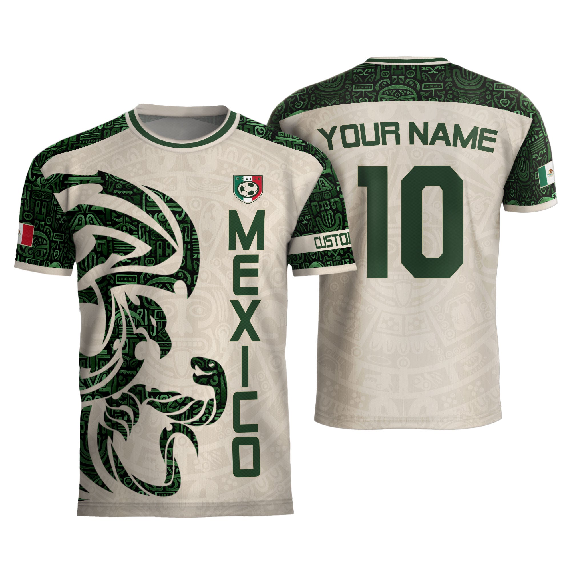 Custom Mexico Soccer Jersey Beige Green Aztec Design