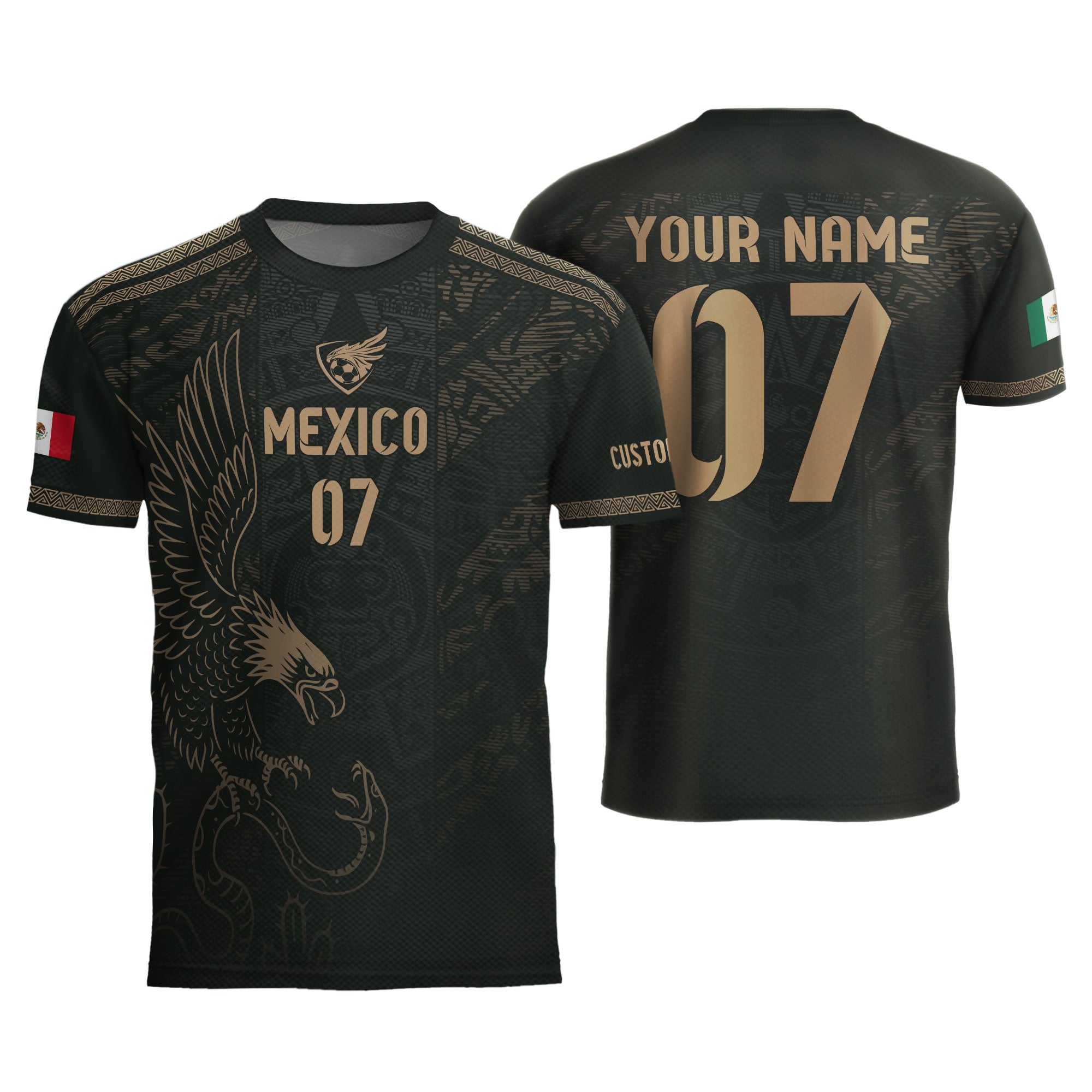 Custom Mexico Soccer Jersey Black Gold Eagle Design