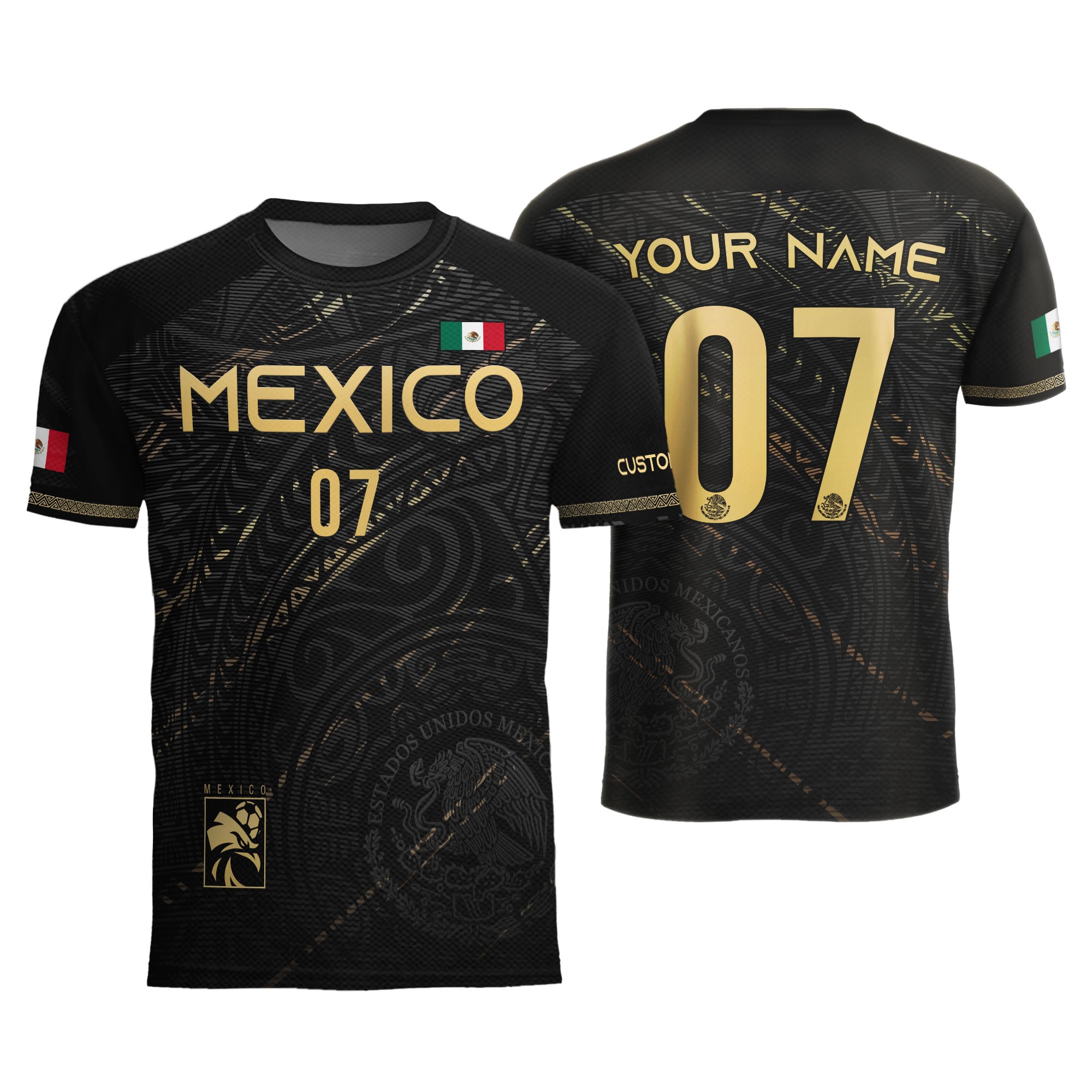 Custom Black Gold Mexico Soccer Jersey with Eagle Design