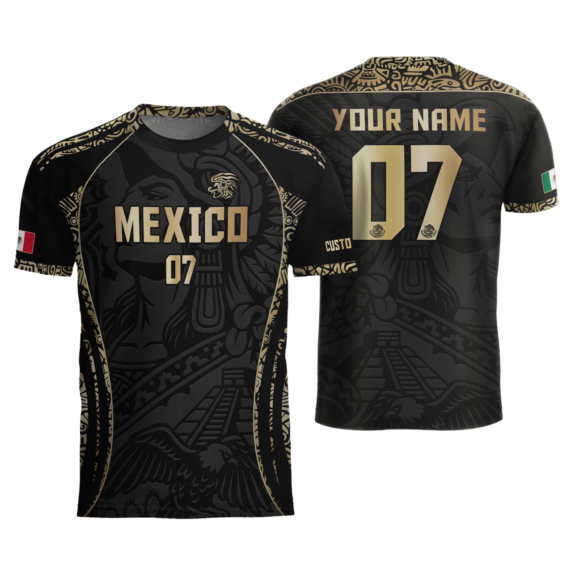 Custom Mexico Soccer Jersey Black Gold Aztec Eagle Pyramid Design