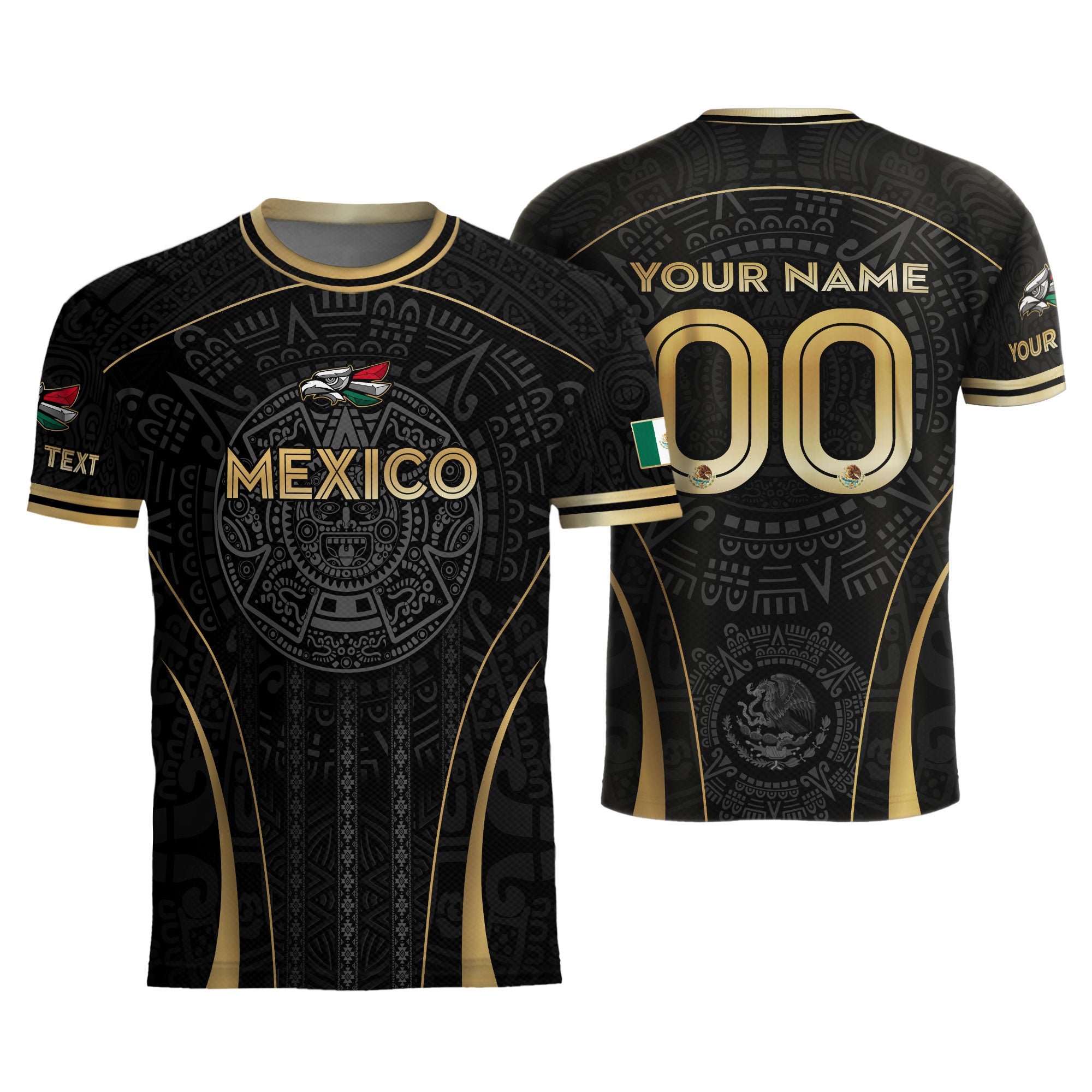 Custom Mexico Soccer Jersey Black Gold Aztec Calendar Design