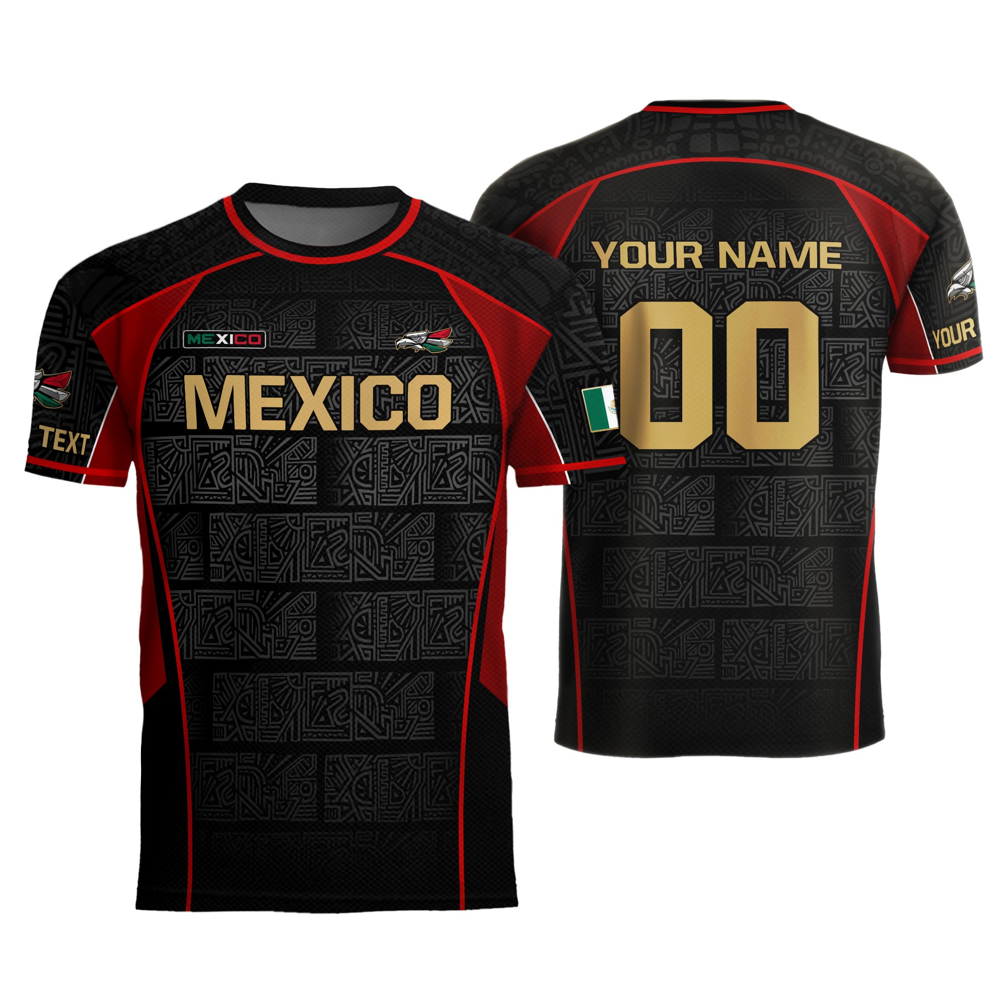 Custom Mexico Soccer Jersey Black Red Gold Aztec Pattern Design