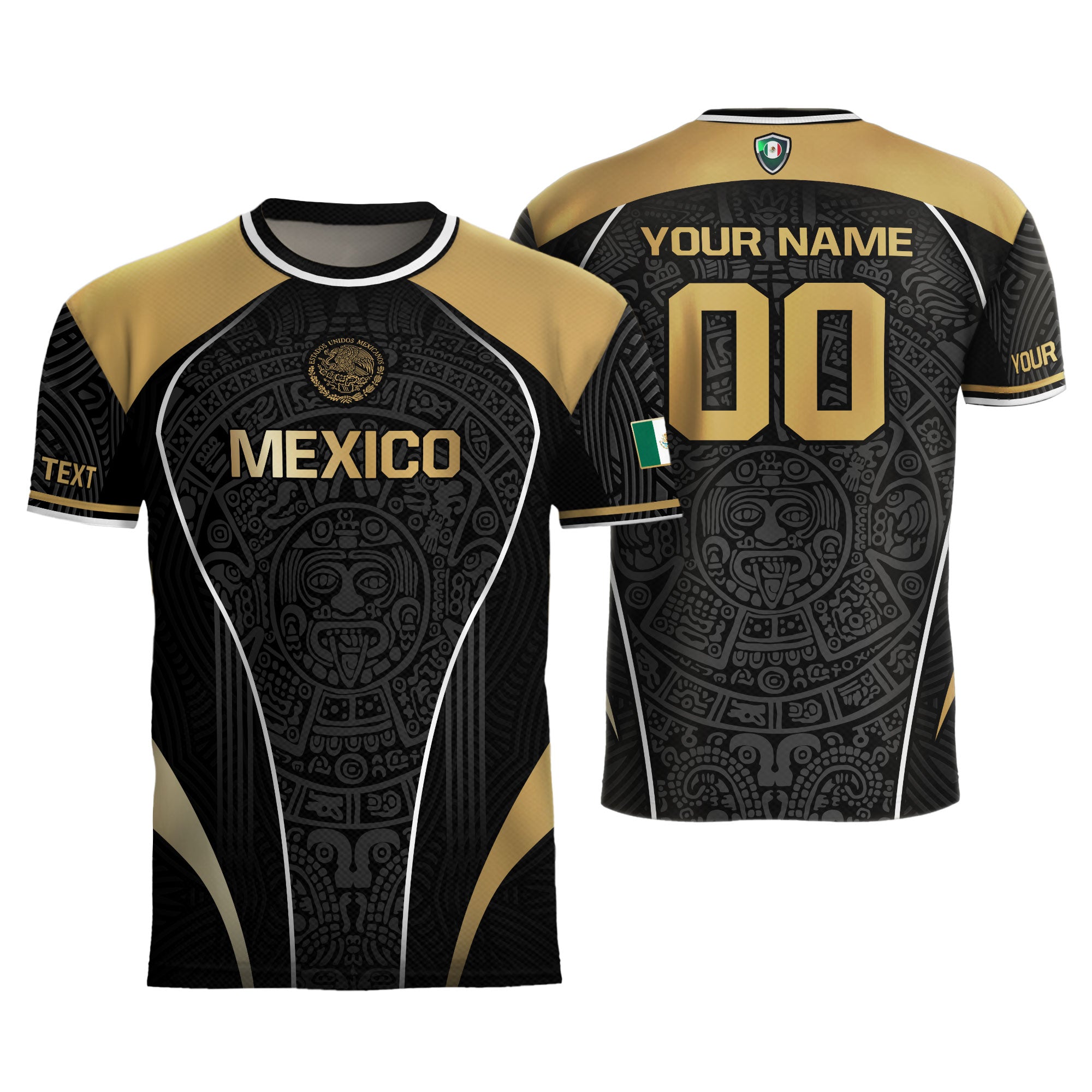 Custom Mexico Soccer Jersey Black Gold Heritage Aztec Pattern Design