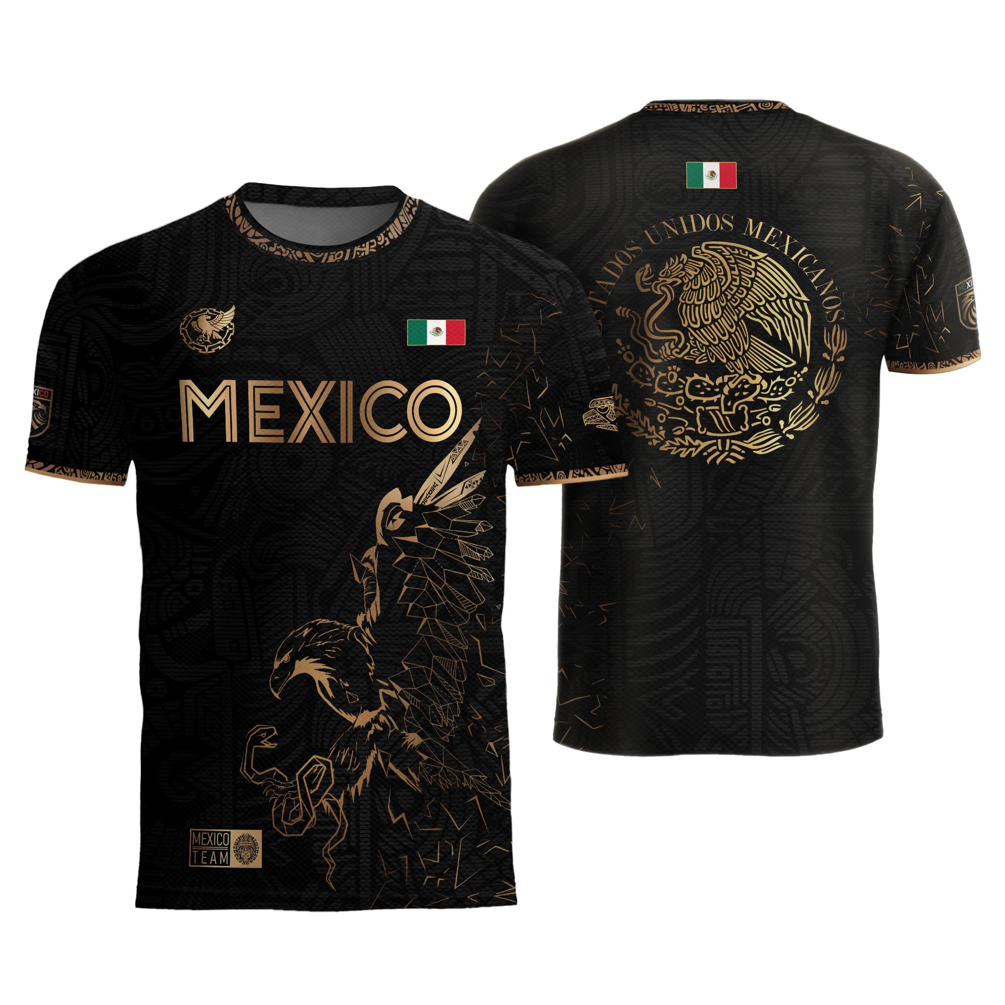 Camiseta de fútbol premium con emblema de águila azteca verde y dorado de México