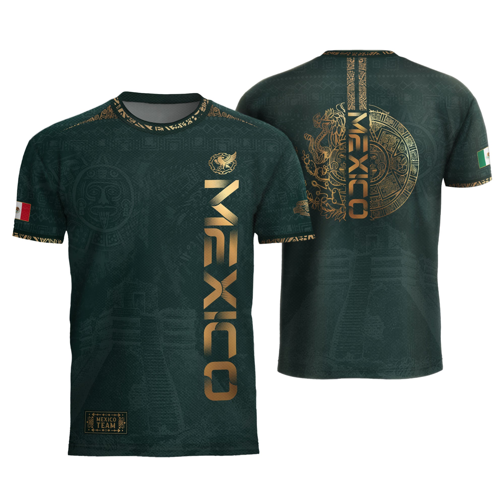 Camiseta de fútbol premium con emblema de águila azteca verde y dorado de México