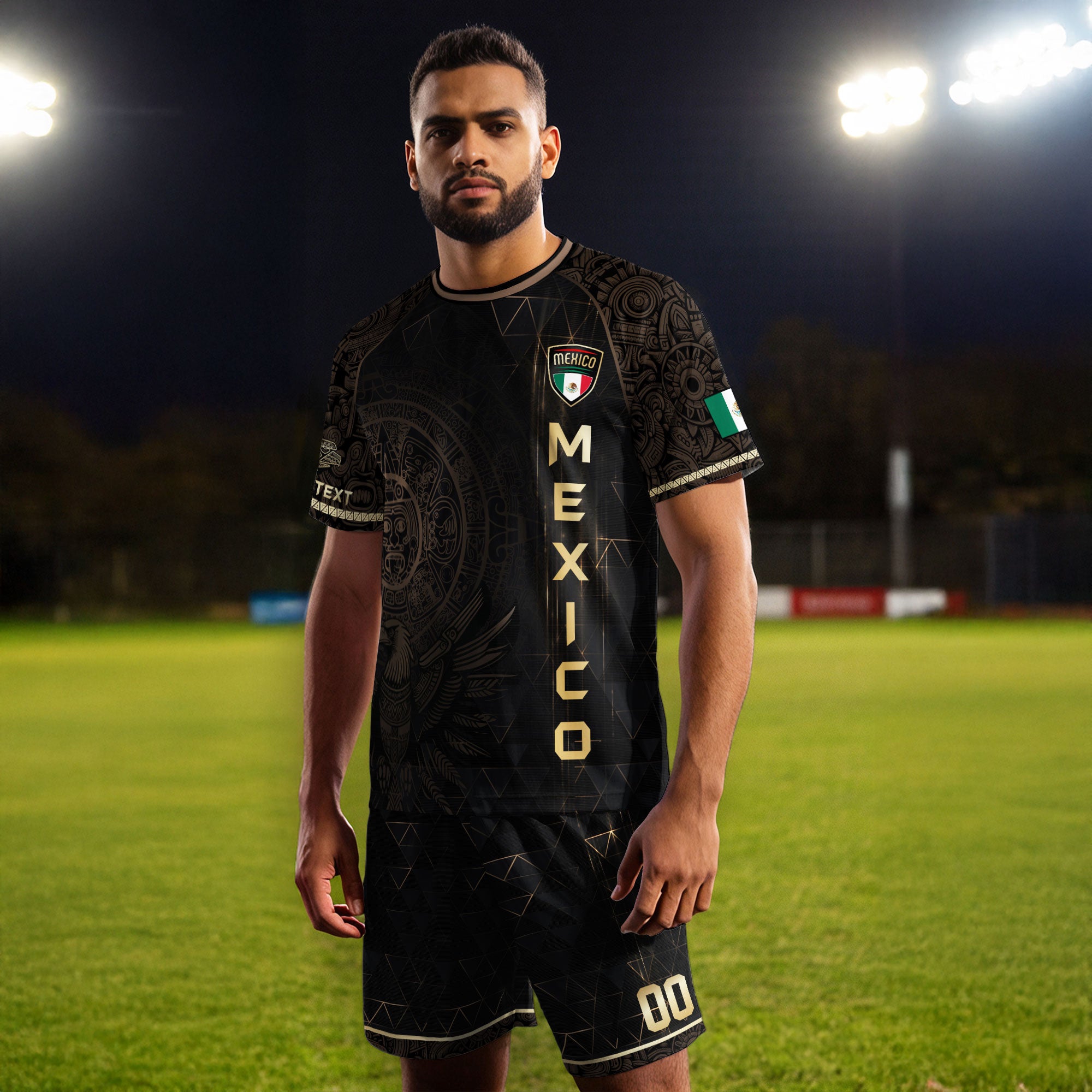 Custom Mexico Soccer Jersey Black Gold Aztec Heritage Design