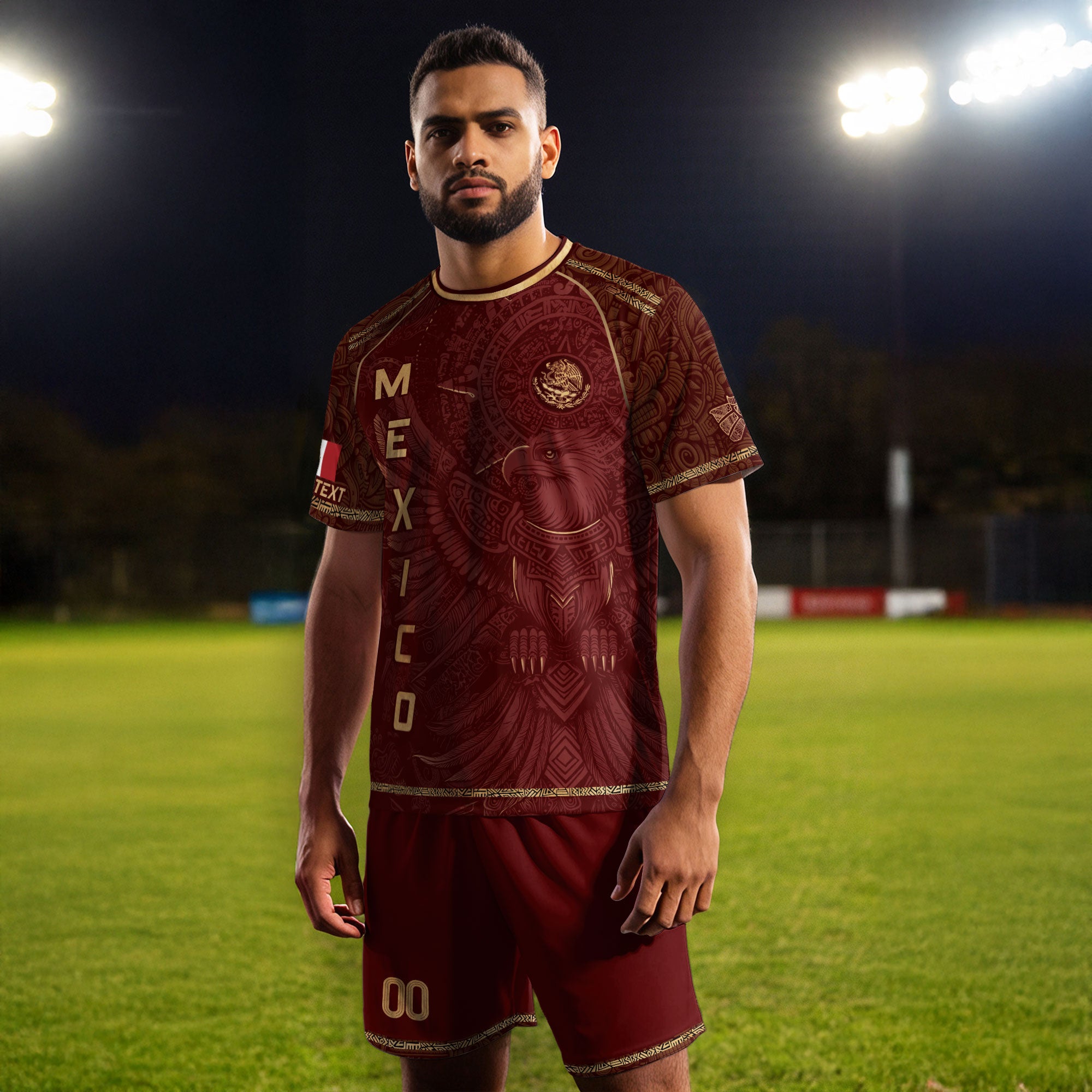 Custom Mexico Soccer Jersey Burgundy Gold Aztec Heritage Design