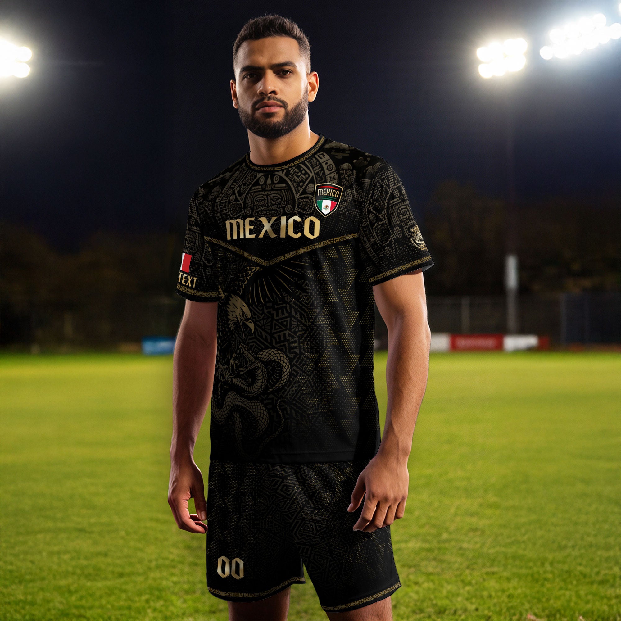 Custom Mexico Soccer Jersey Black Gold Aztec Eagle Serpent Design