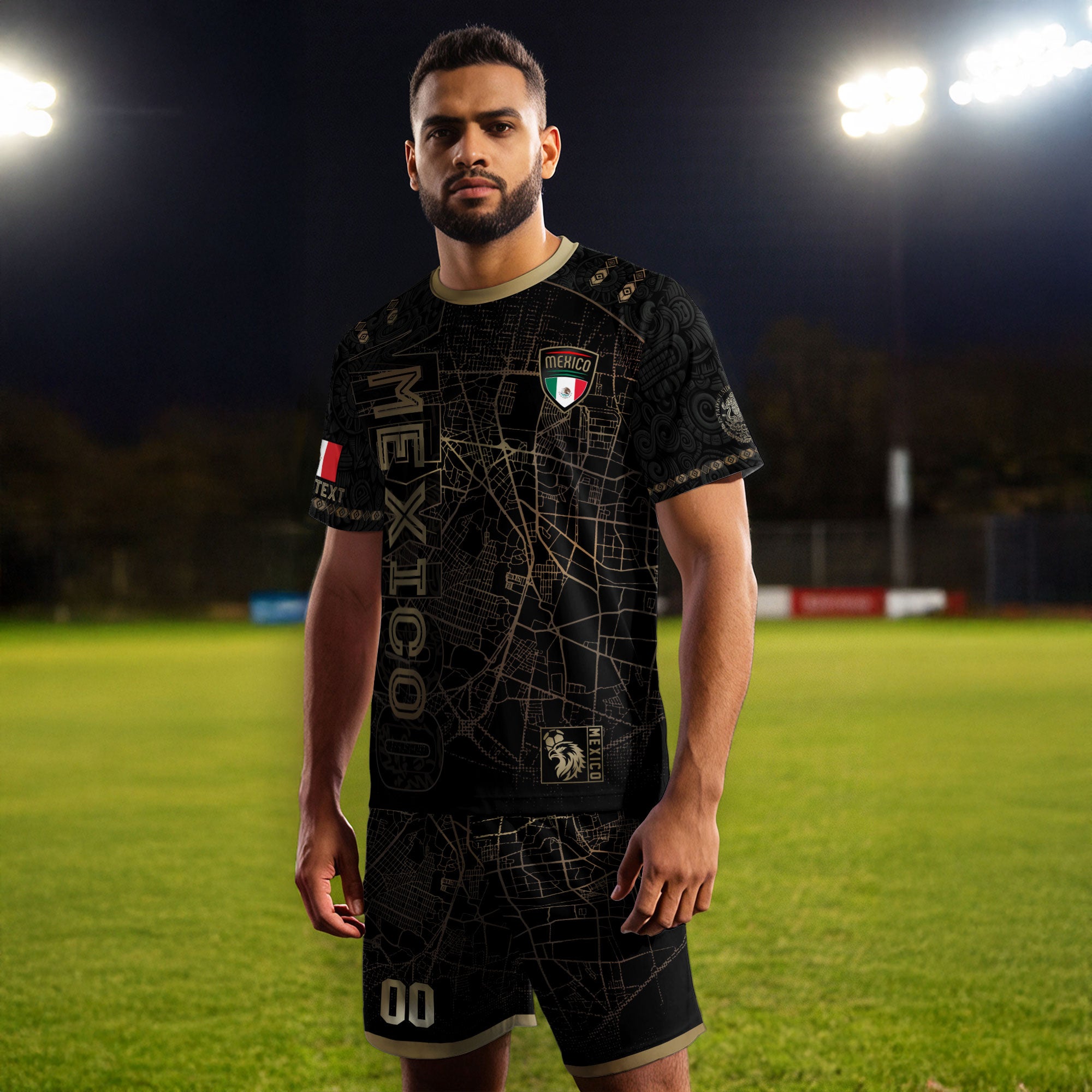 Custom Mexico Soccer Jersey Black Gold Heritage Map Aztec Design
