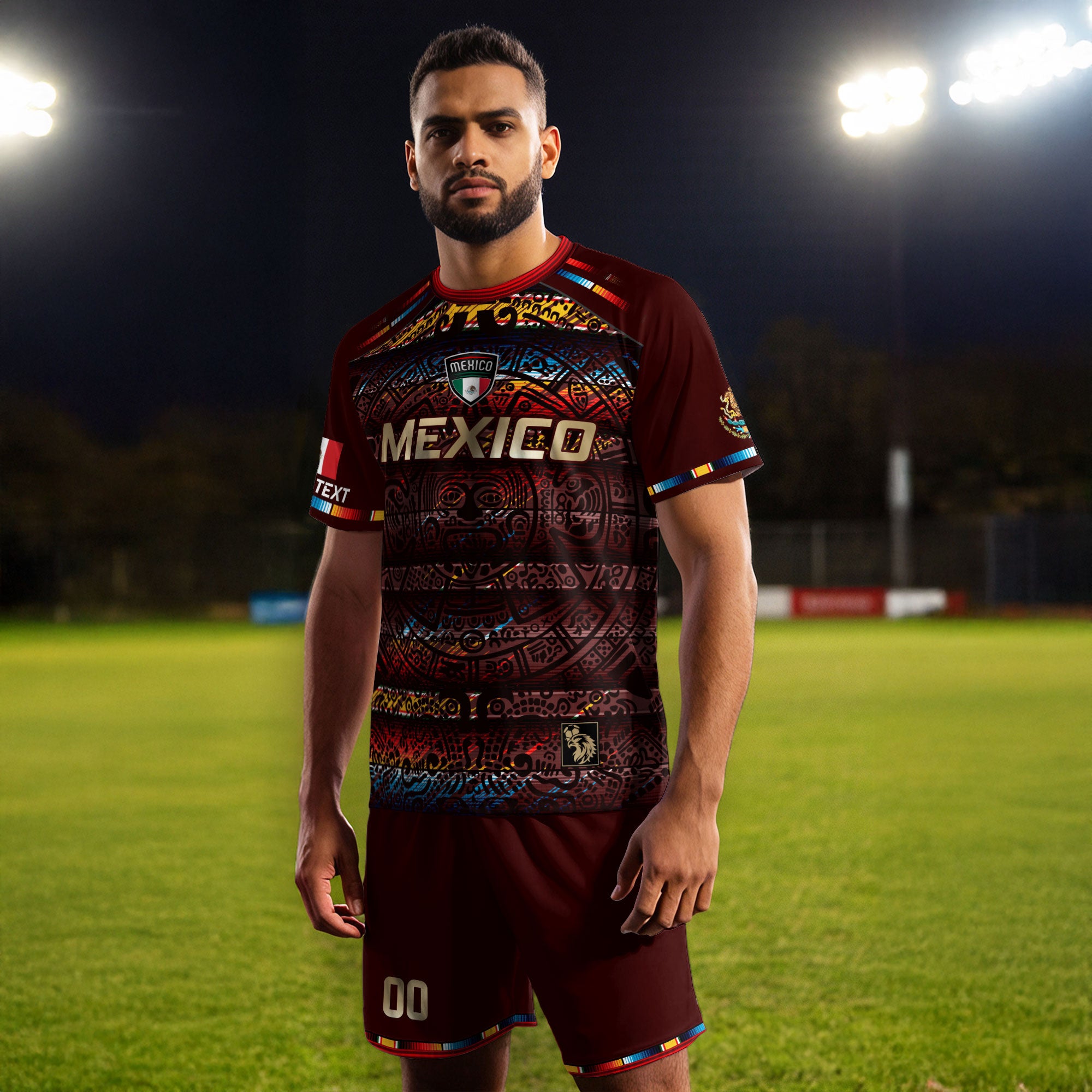 Custom Mexico Soccer Jersey Burgundy Gold Heritage Aztec Calendar Design